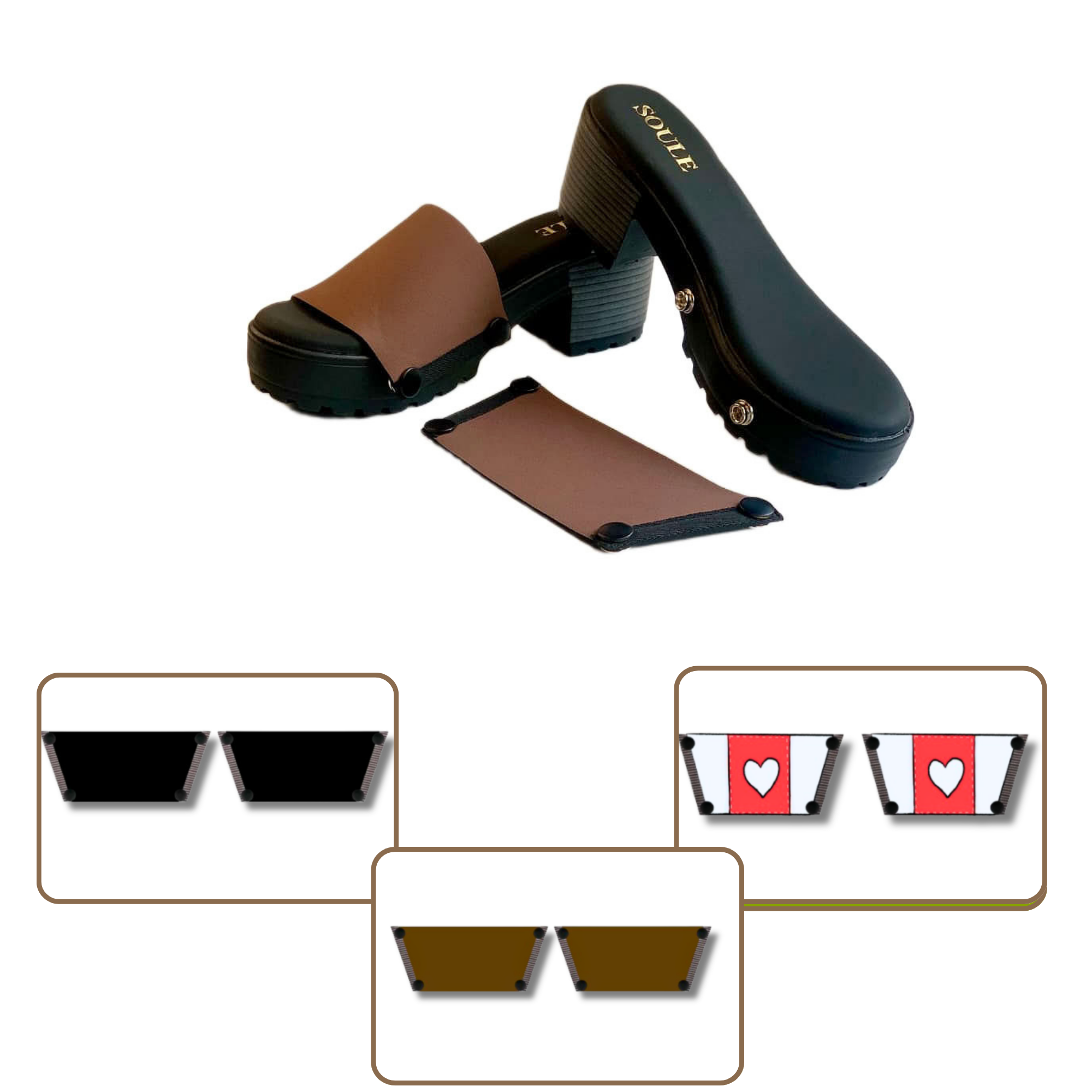 Soule bliss black wedge sandal shown with mocha strap combination — Love Pop + Midnight Black + Mocha Essence combo