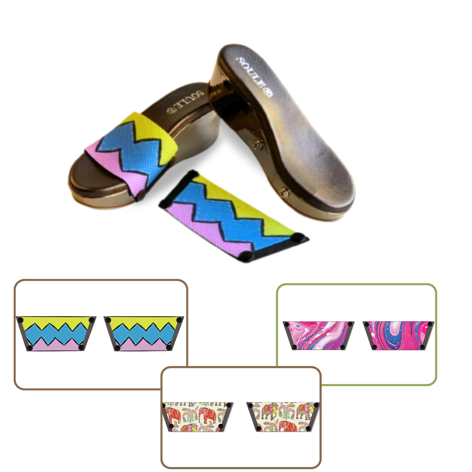 Pink Fluid Art + Zigzag Zest + Ethnic Elephant 1 sole 3 straps interchangeable sandals combo, UK 3-8 — Soule