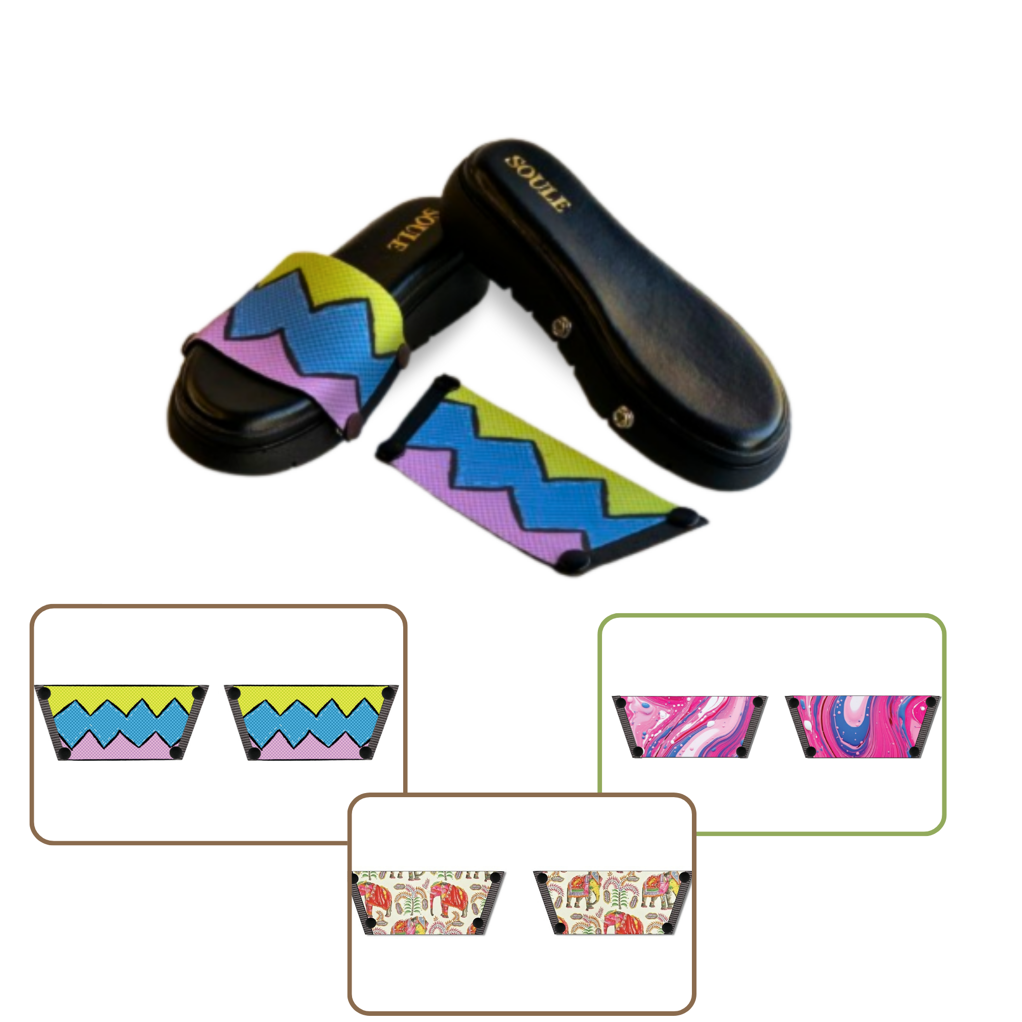 Pink Fluid Art + Zigzag Zest + Ethnic Elephant 1 sole 3 straps interchangeable sandals combo, UK 3-8 — Soule