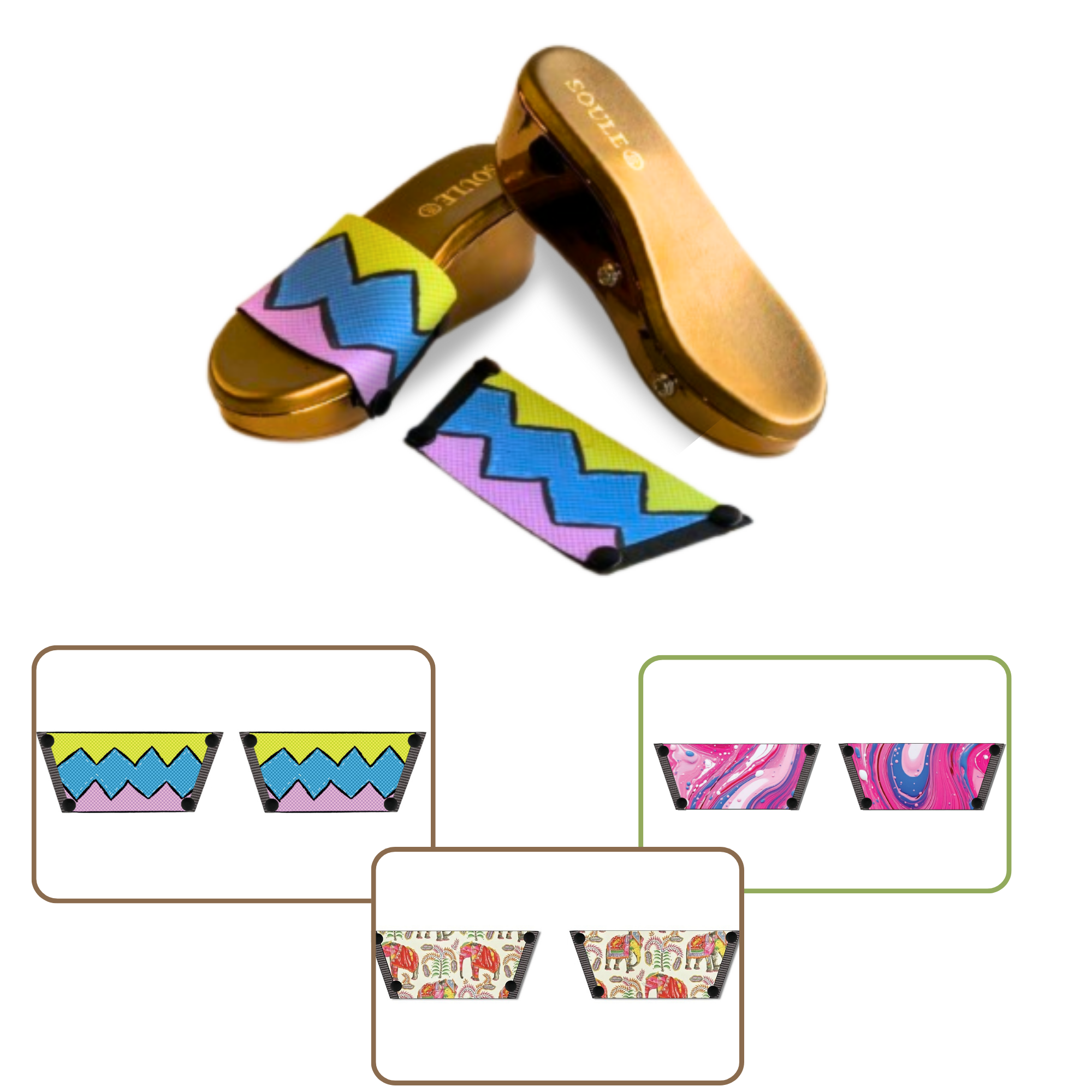 Pink Fluid Art + Zigzag Zest + Ethnic Elephant 1 sole 3 straps interchangeable sandals combo, UK 3-8 — Soule