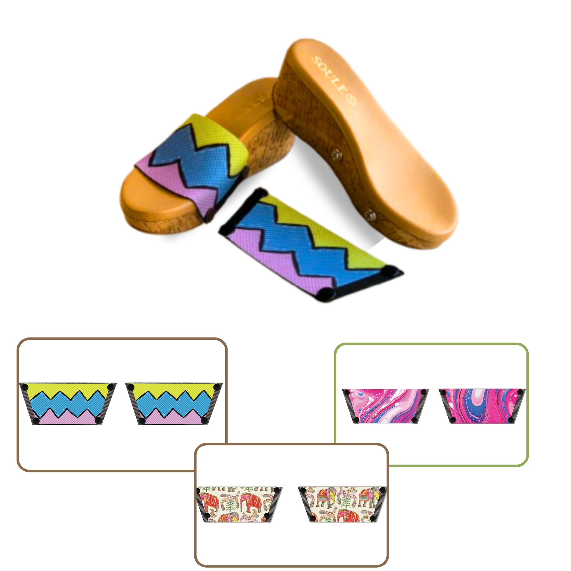 Pink Fluid Art + Zigzag Zest + Ethnic Elephant 1 sole 3 straps interchangeable sandals combo, UK 3-8 — Soule