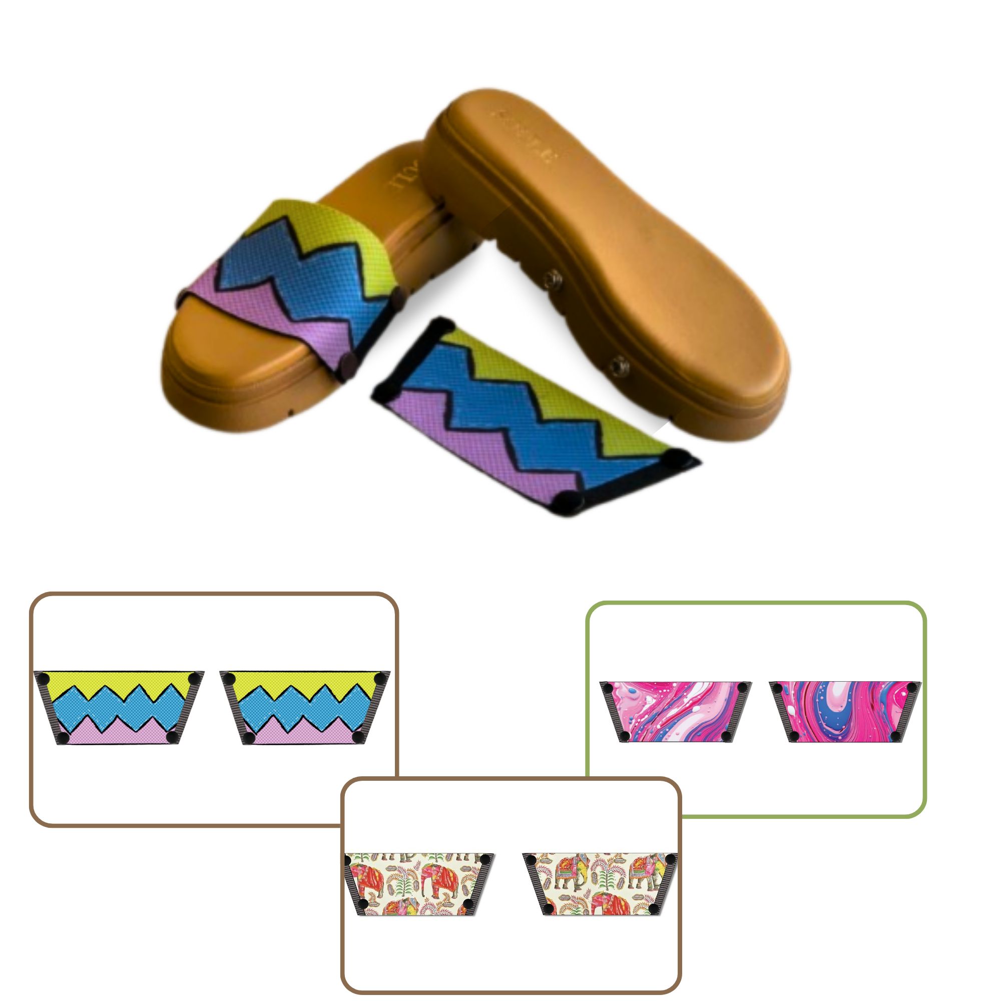 Pink Fluid Art + Zigzag Zest + Ethnic Elephant 1 sole 3 straps interchangeable sandals combo, UK 3-8 — Soule