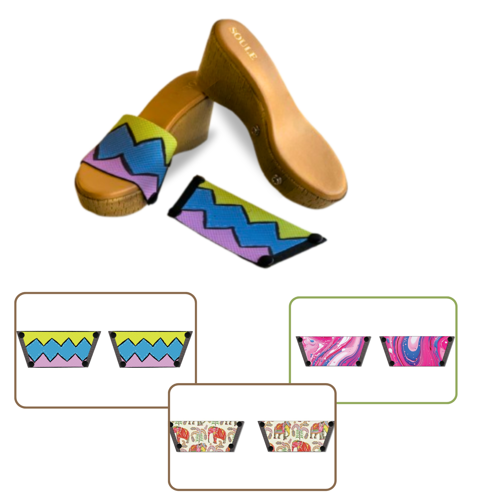 Pink Fluid Art + Zigzag Zest + Ethnic Elephant 1 sole 3 straps interchangeable sandals combo, UK 3-8 — Soule