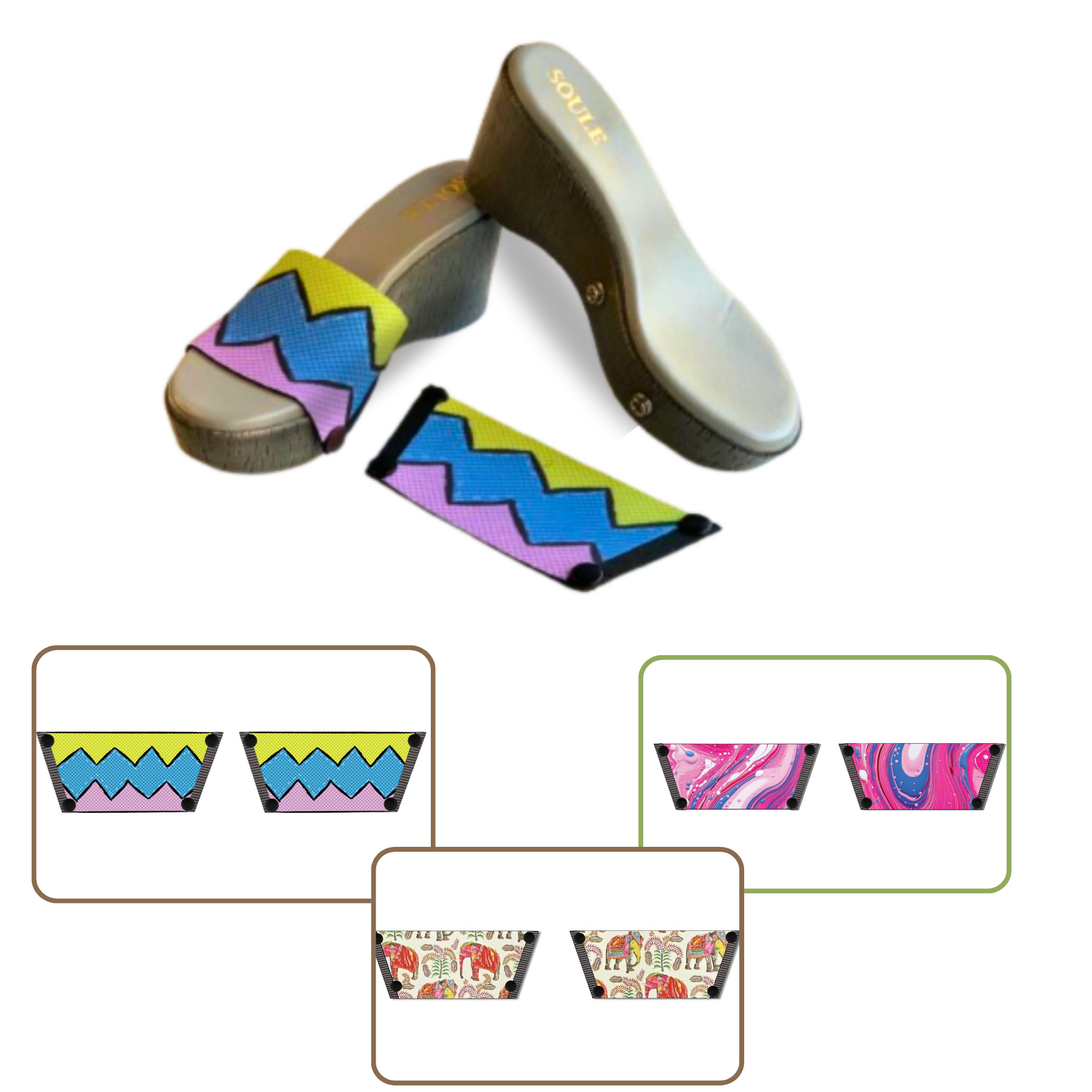 Pink Fluid Art + Zigzag Zest + Ethnic Elephant 1 sole 3 straps interchangeable sandals combo, UK 3-8 — Soule
