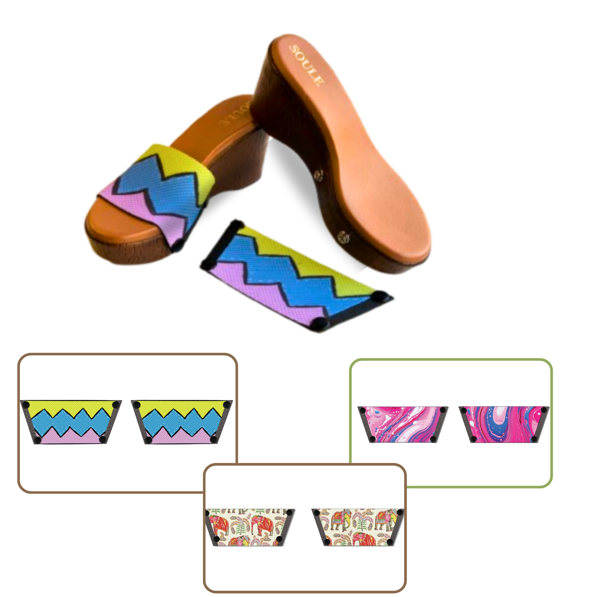 Pink Fluid Art + Zigzag Zest + Ethnic Elephant 1 sole 3 straps interchangeable sandals combo, UK 3-8 — Soule