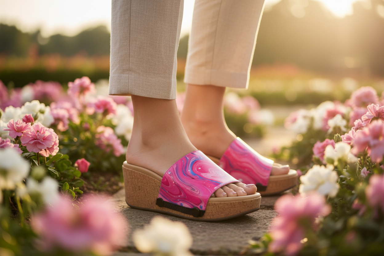 Close-up — pink fluid art strap on cork wedge