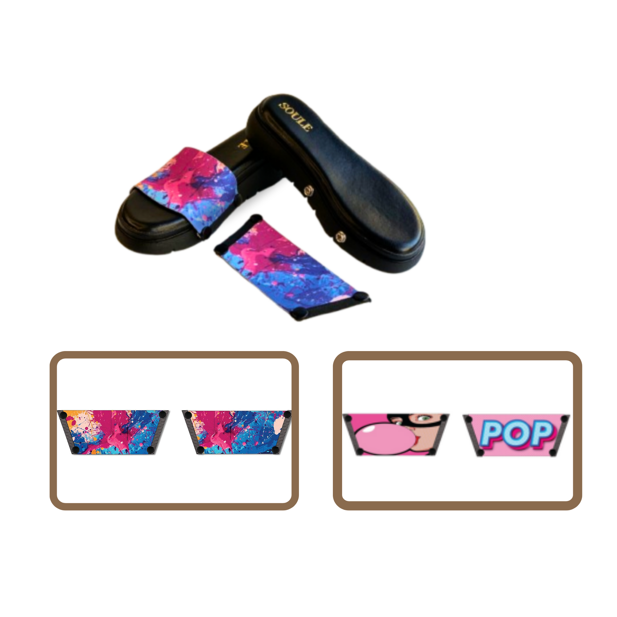 Vibrant Fluid Art + Bubble Pop 1 sole 2 straps interchangeable sandals combo, UK 3-8 — Soule