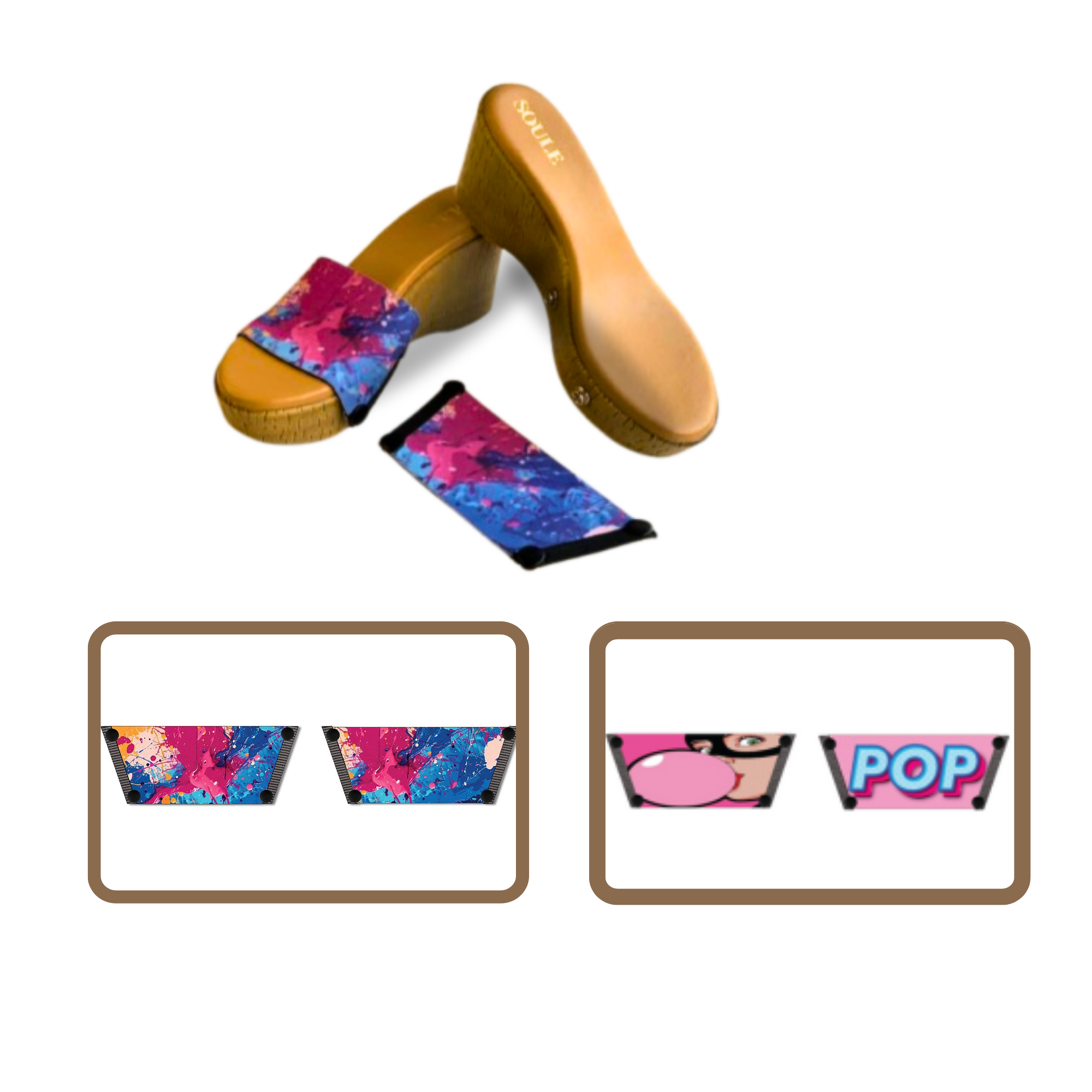 Vibrant Fluid Art + Bubble Pop 1 sole 2 straps interchangeable sandals combo, UK 3-8 — Soule