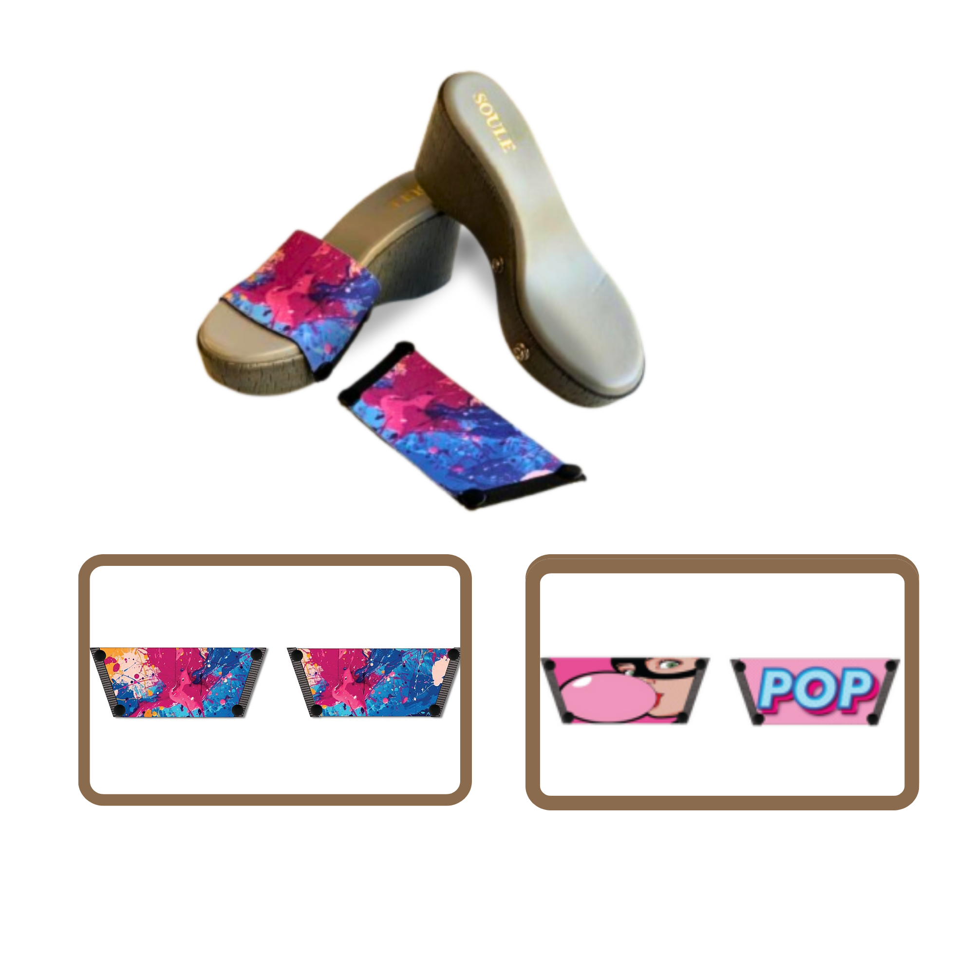 Vibrant Fluid Art + Bubble Pop 1 sole 2 straps interchangeable sandals combo, UK 3-8 — Soule
