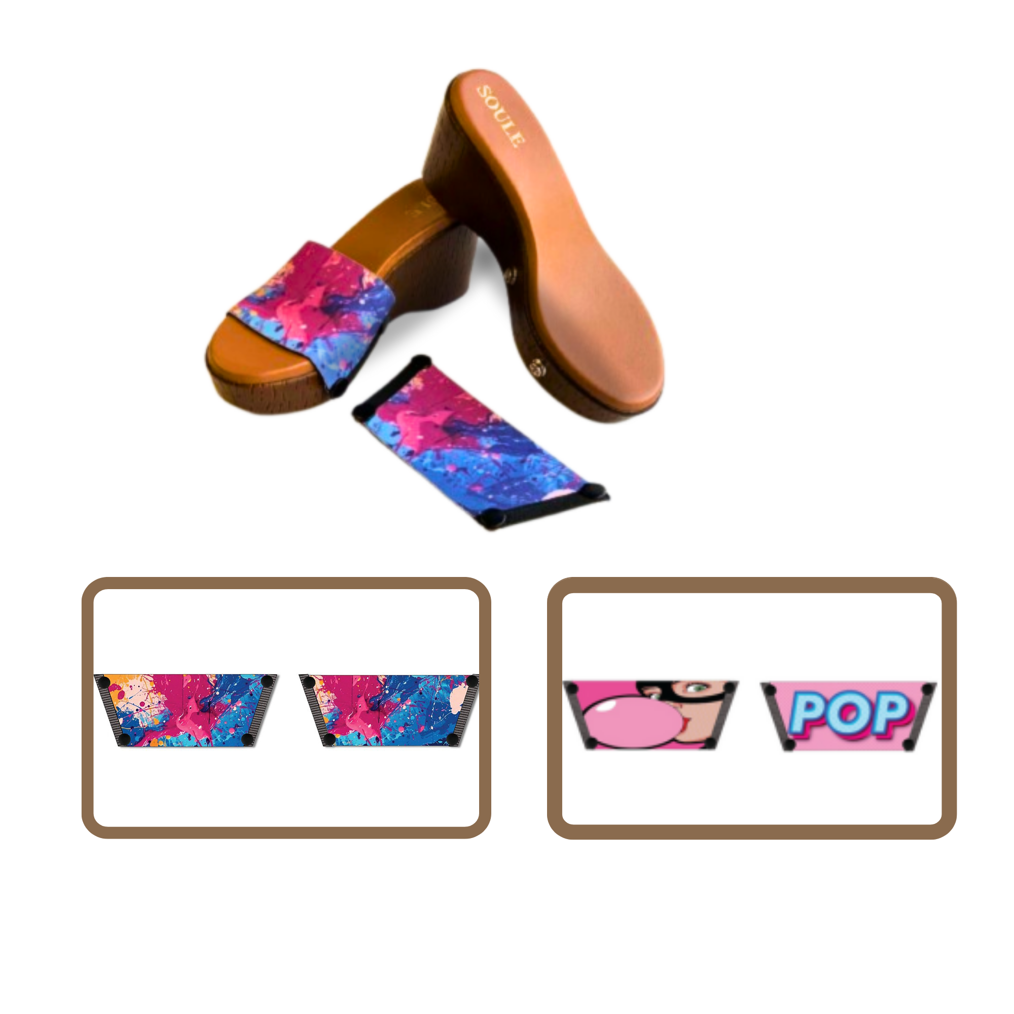 Vibrant Fluid Art + Bubble Pop 1 sole 2 straps interchangeable sandals combo, UK 3-8 — Soule