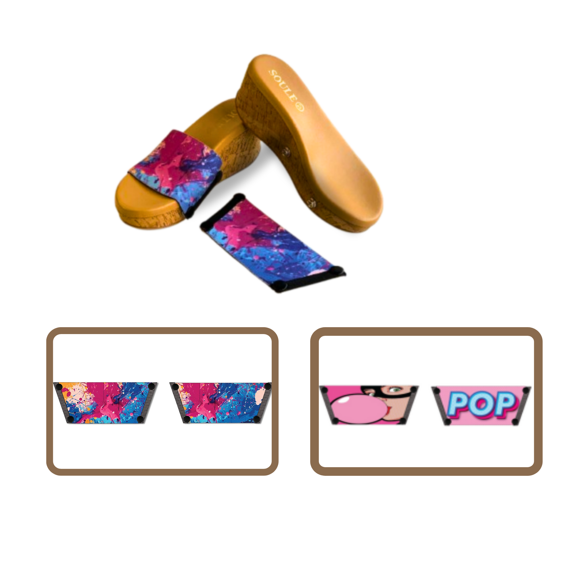Vibrant Fluid Art + Bubble Pop 1 sole 2 straps interchangeable sandals combo, UK 3-8 — Soule
