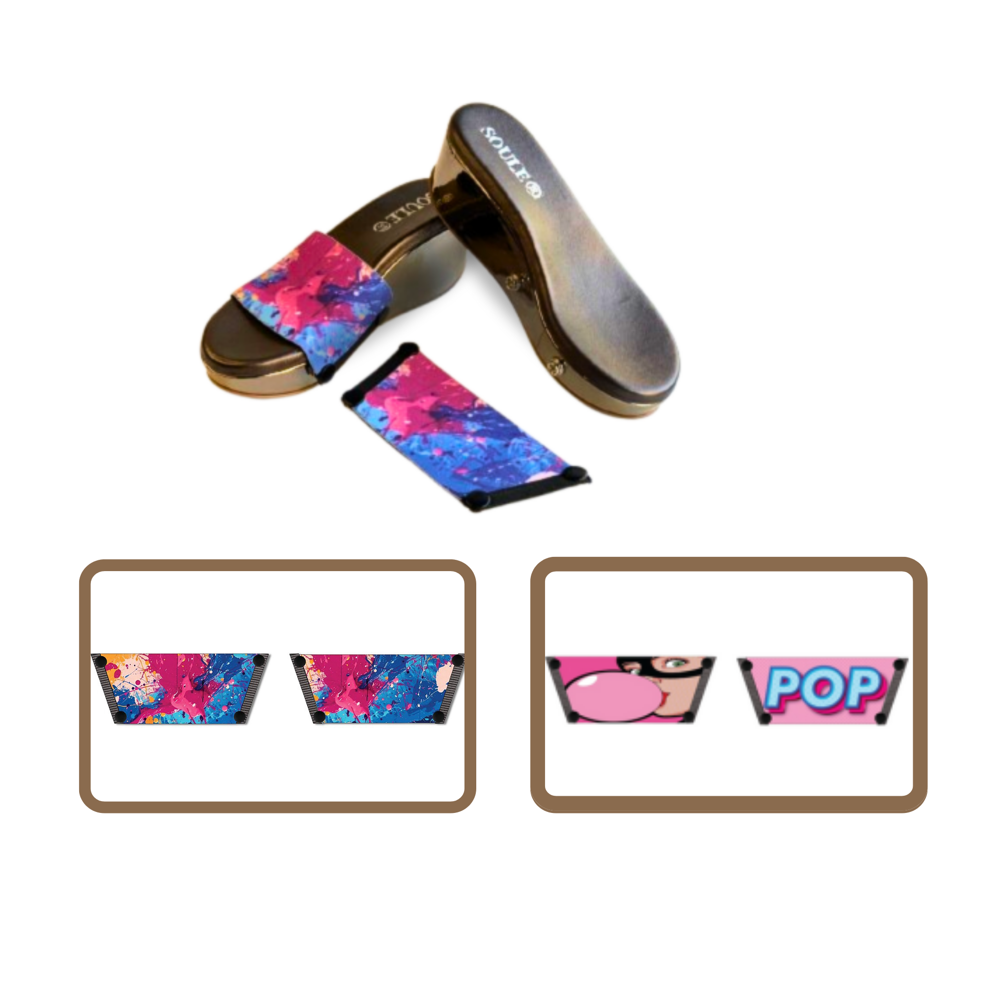 Vibrant Fluid Art + Bubble Pop 1 sole 2 straps interchangeable sandals combo, UK 3-8 — Soule