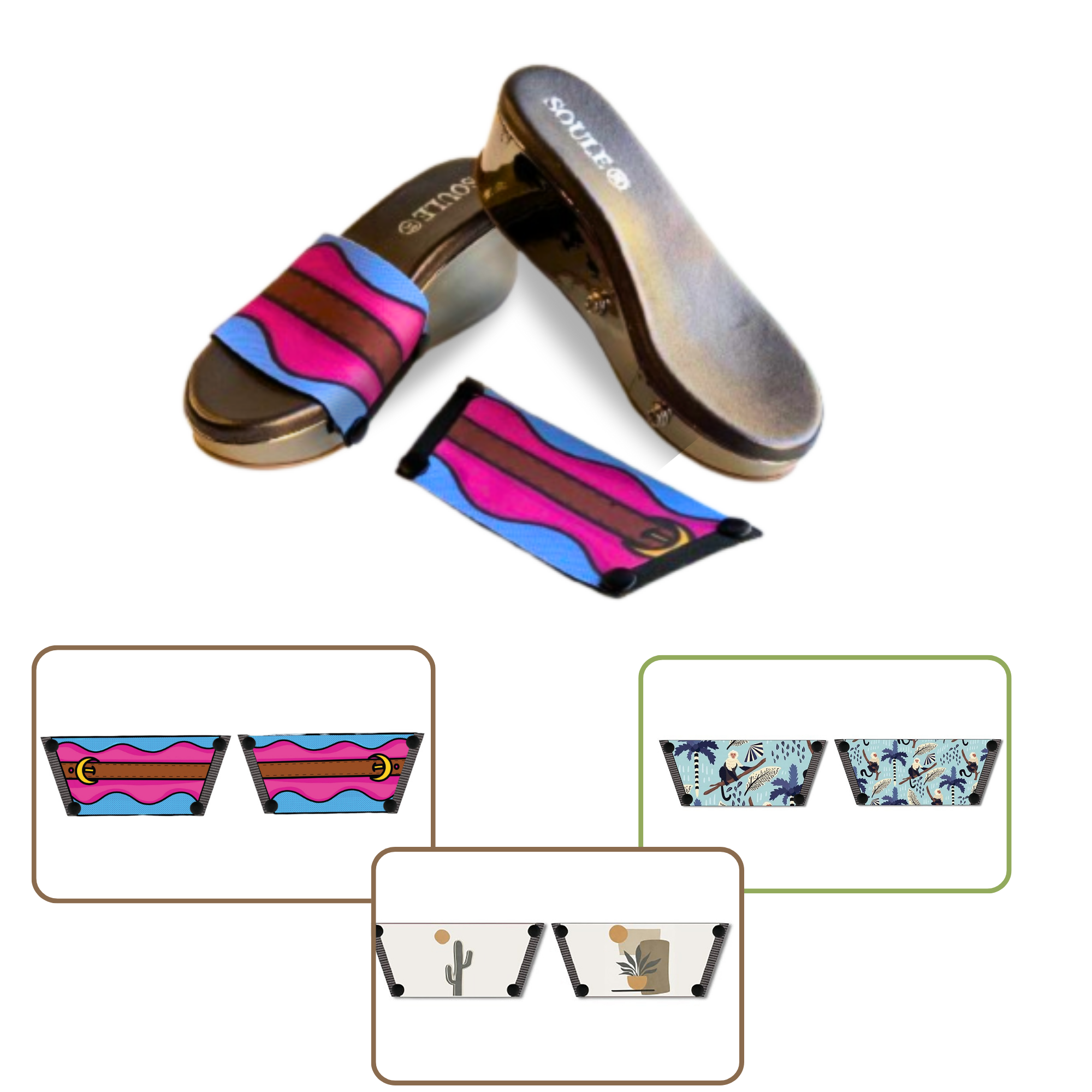 Playful Monkey + Aqua Saddle Groove + Desert Dream Modern Art 1 sole 3 straps interchangeable sandals combo, UK 3-8 — Soule