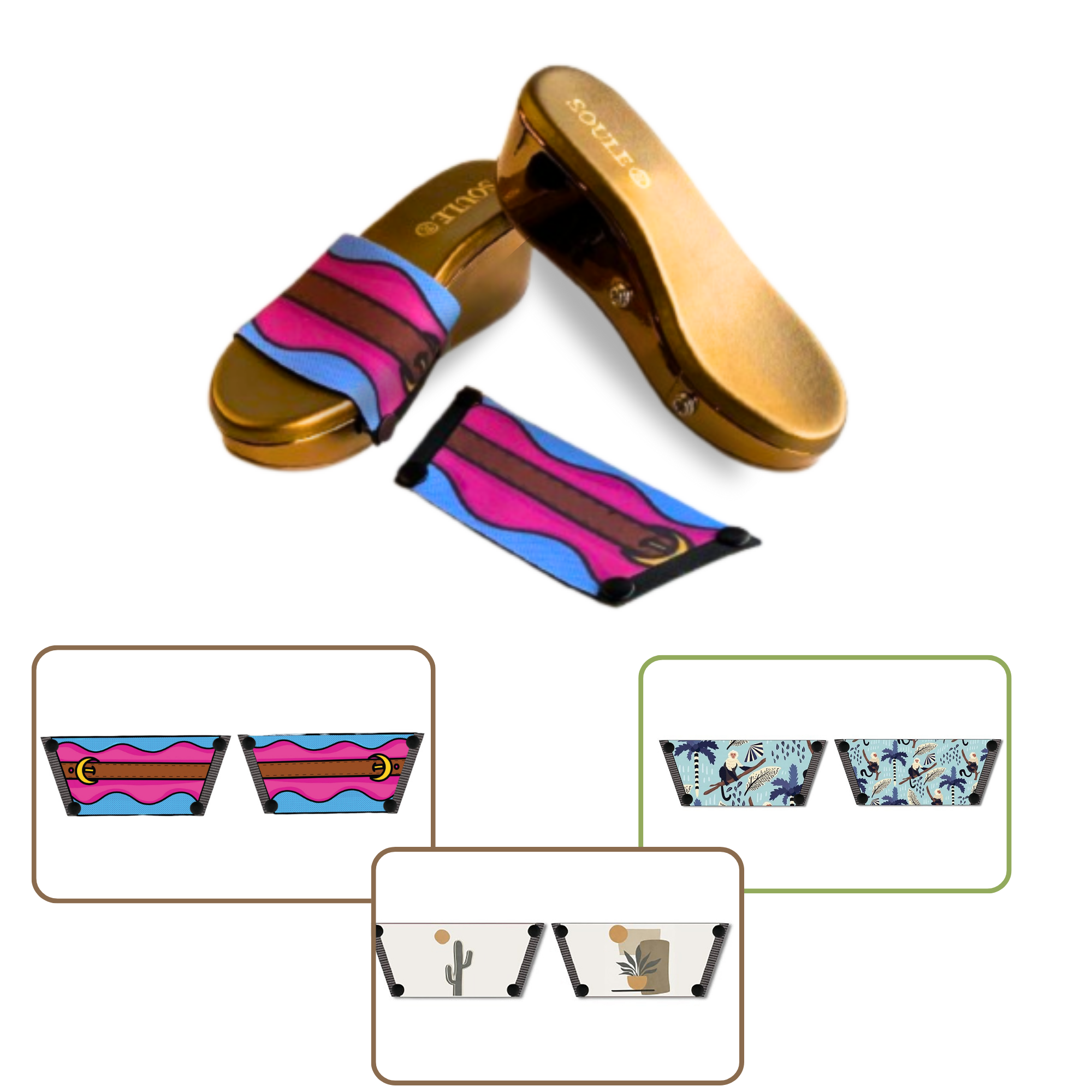 Playful Monkey + Aqua Saddle Groove + Desert Dream Modern Art 1 sole 3 straps interchangeable sandals combo, UK 3-8 — Soule