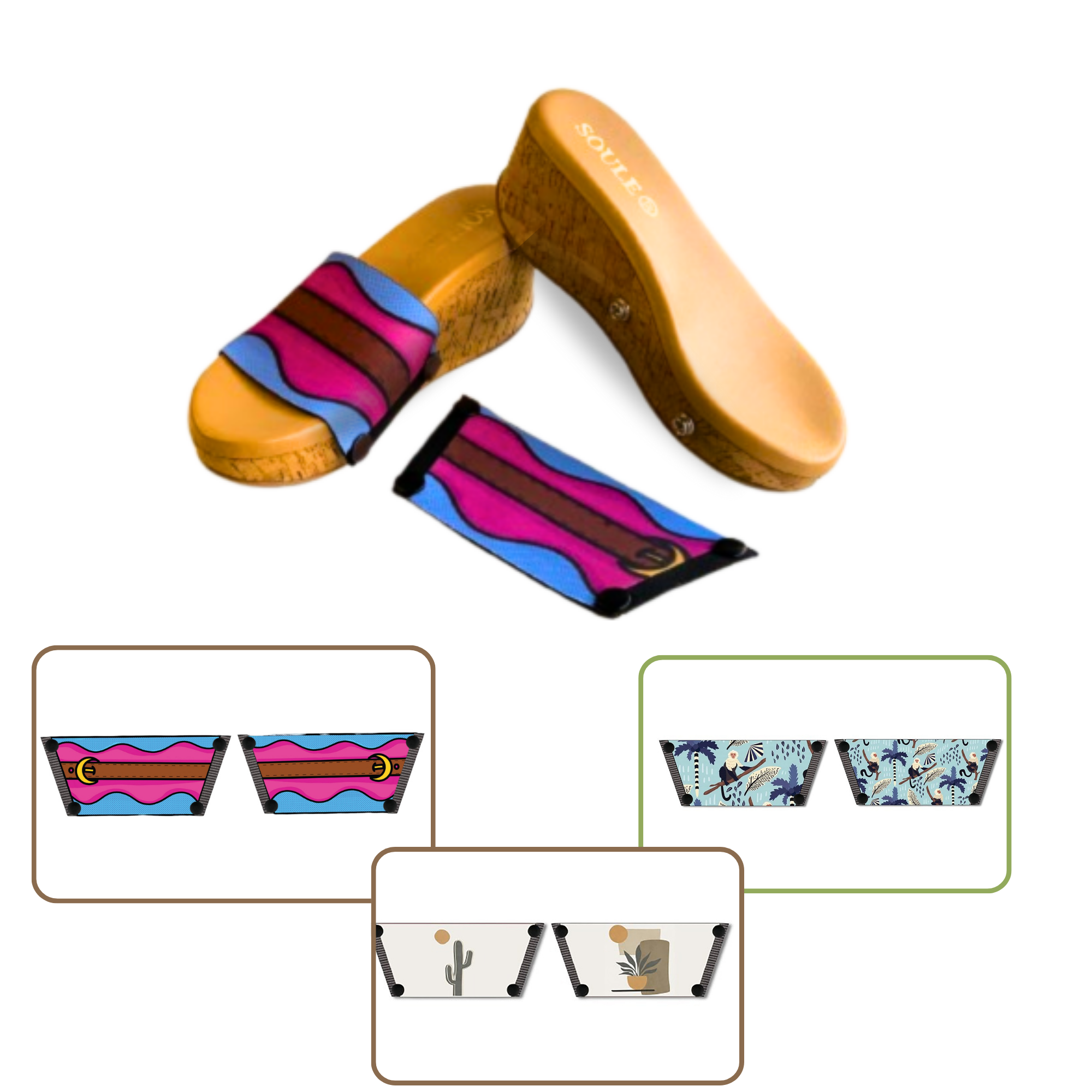 Playful Monkey + Aqua Saddle Groove + Desert Dream Modern Art 1 sole 3 straps interchangeable sandals combo, UK 3-8 — Soule