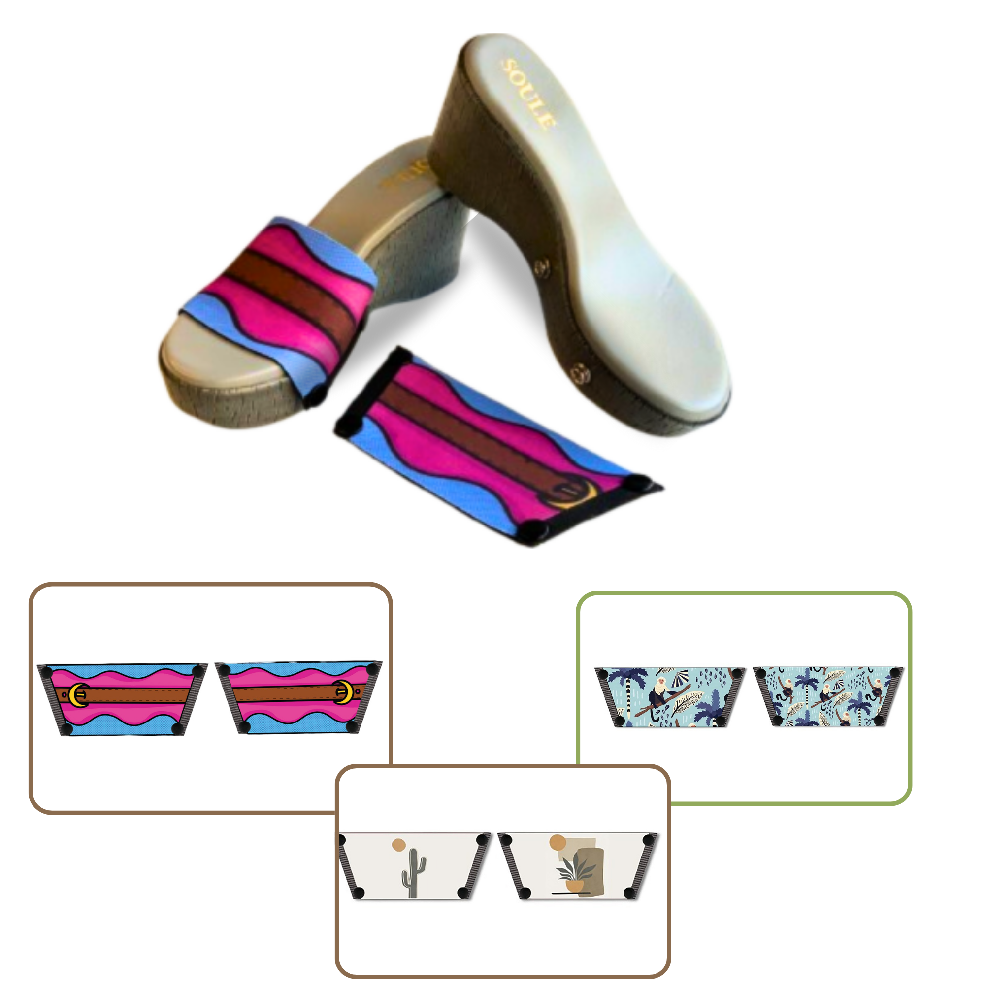 Playful Monkey + Aqua Saddle Groove + Desert Dream Modern Art 1 sole 3 straps interchangeable sandals combo, UK 3-8 — Soule