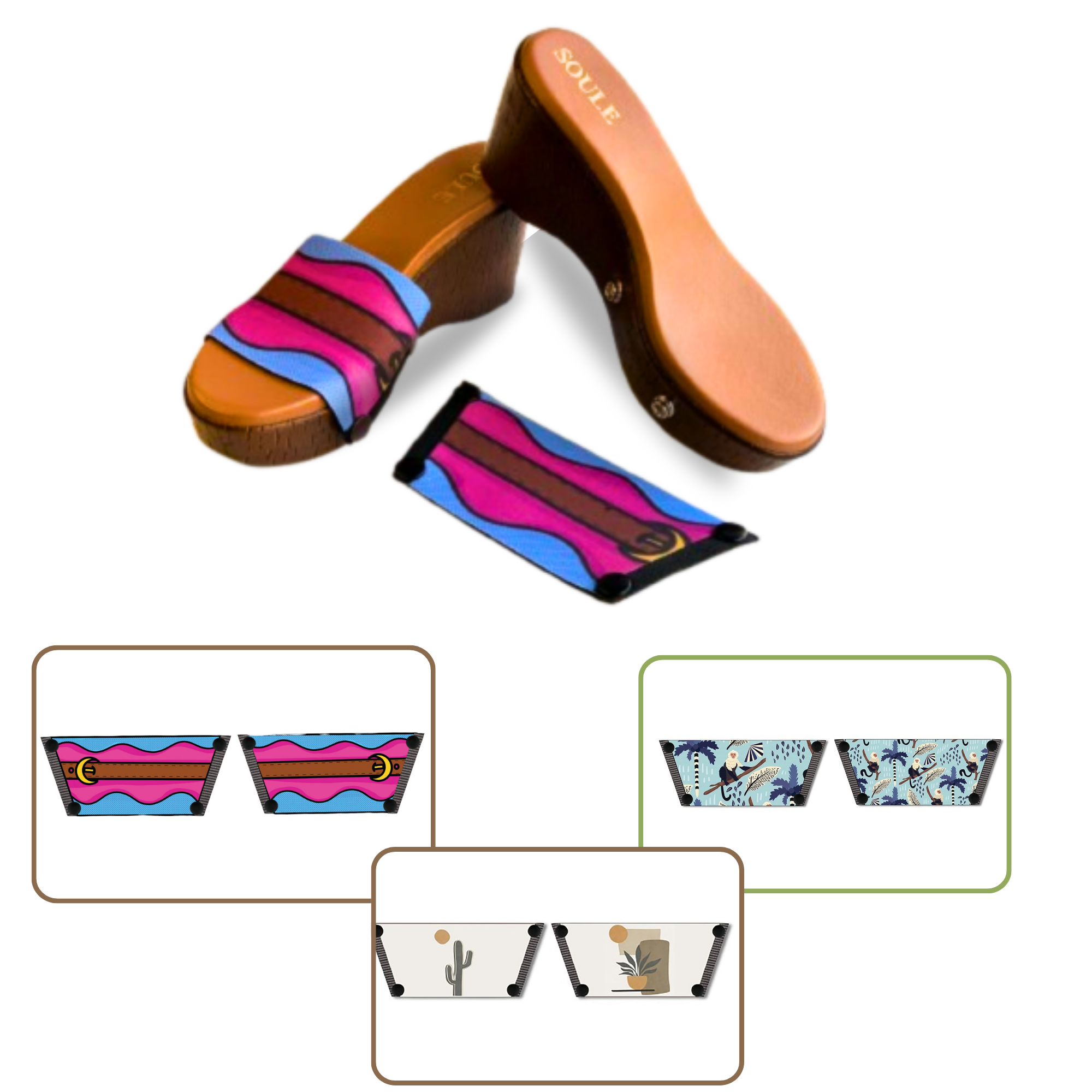 Playful Monkey + Aqua Saddle Groove + Desert Dream Modern Art 1 sole 3 straps interchangeable sandals combo, UK 3-8 — Soule