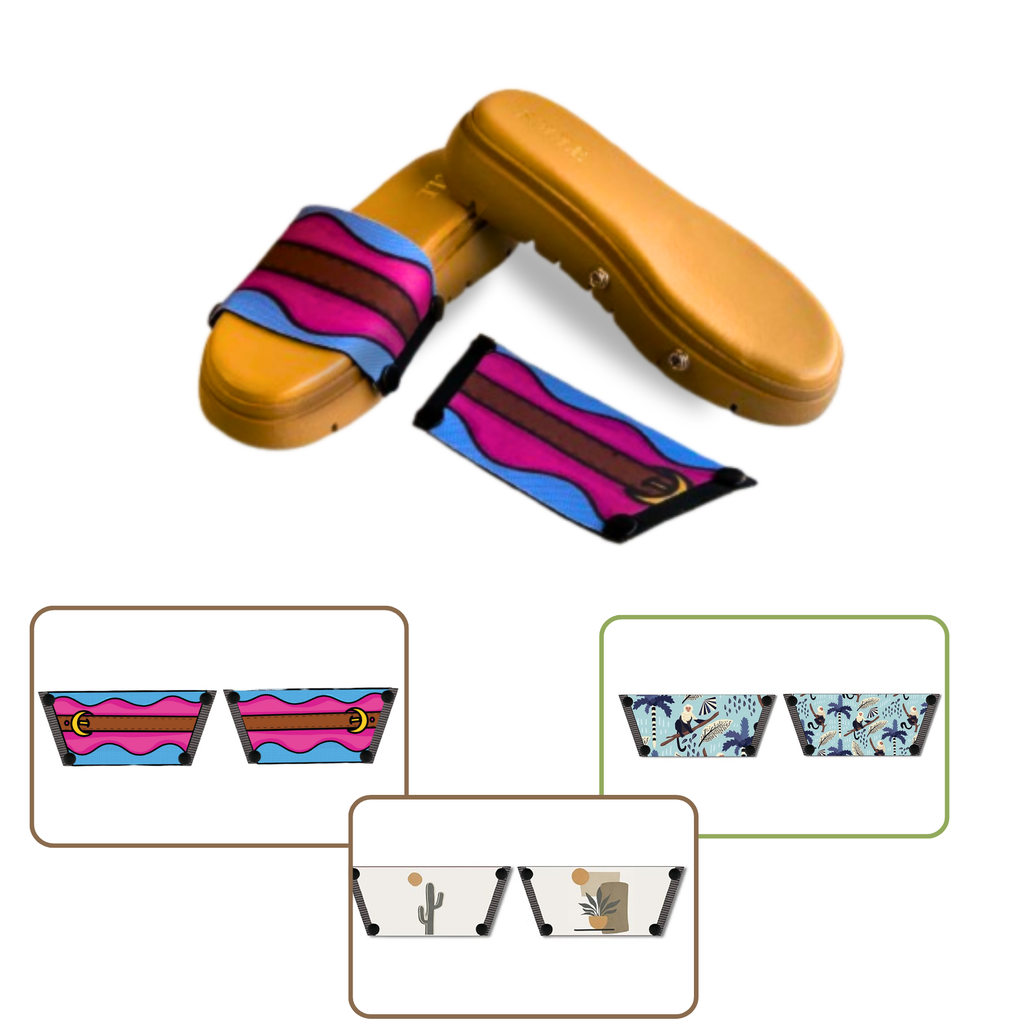 Playful Monkey + Aqua Saddle Groove + Desert Dream Modern Art 1 sole 3 straps interchangeable sandals combo, UK 3-8 — Soule