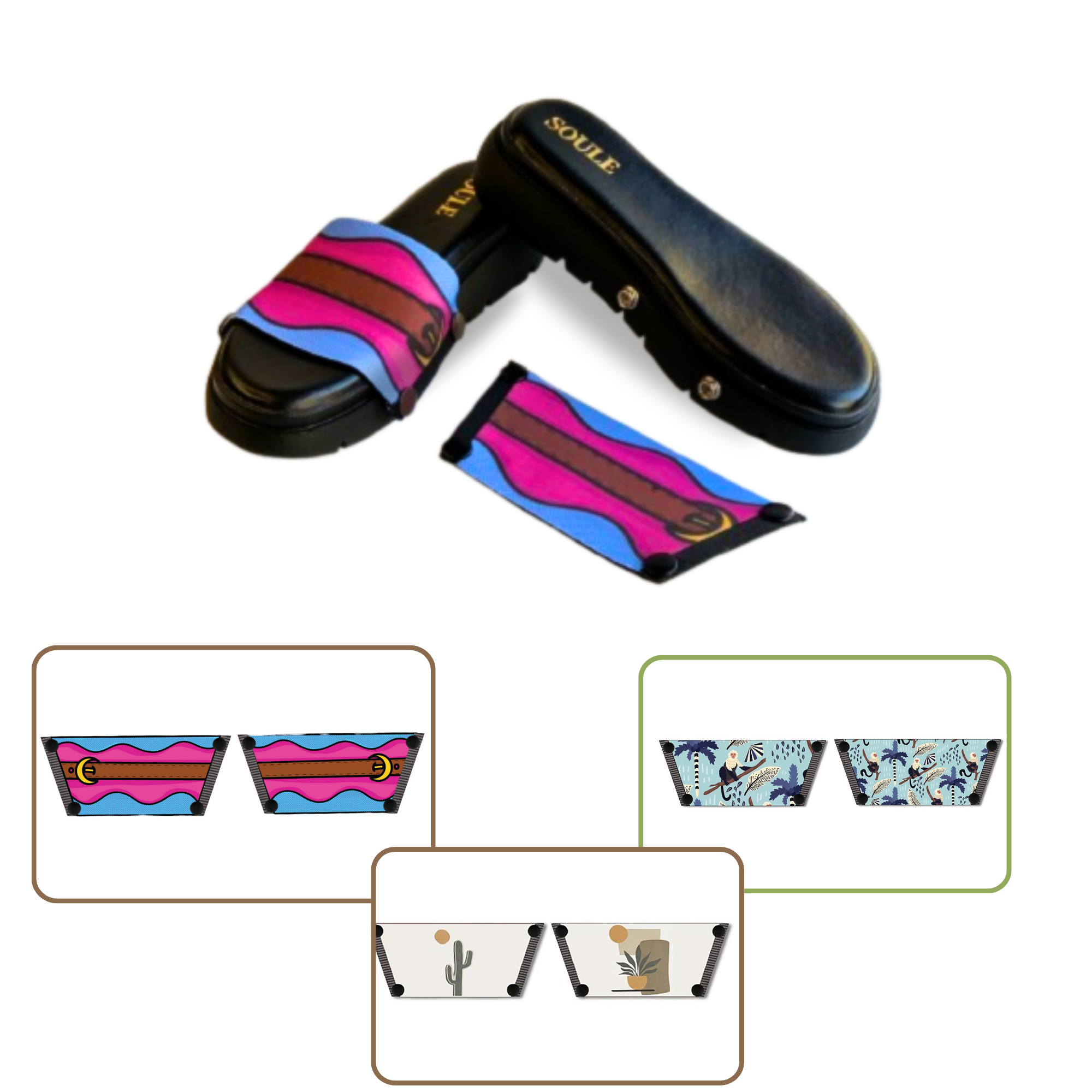 Playful Monkey + Aqua Saddle Groove + Desert Dream Modern Art 1 sole 3 straps interchangeable sandals combo, UK 3-8 — Soule