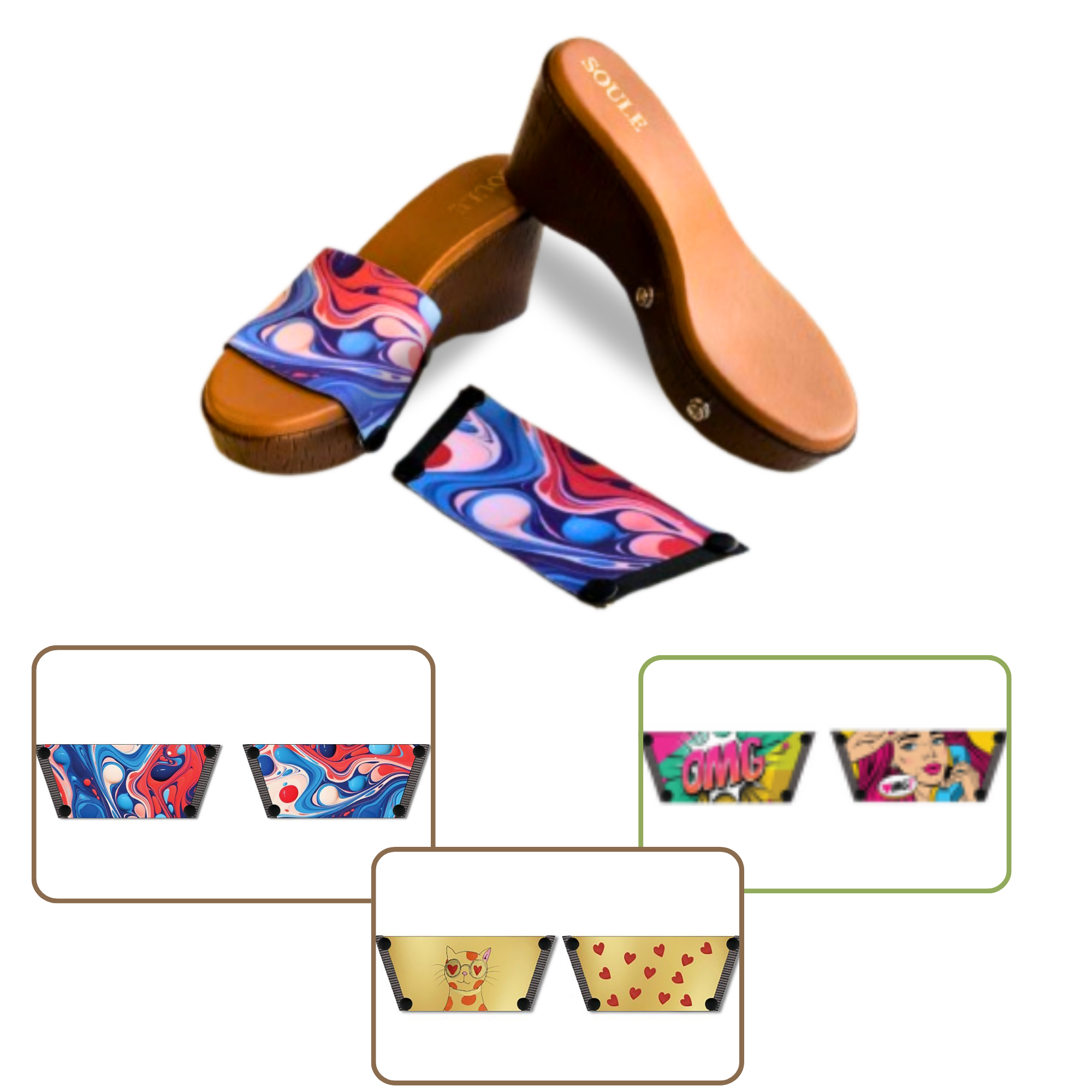 Purr-fectly Adorable + OMG Chic + Playful Fluid Art 1 sole 3 straps interchangeable sandals combo, UK 3-8 — Soule
