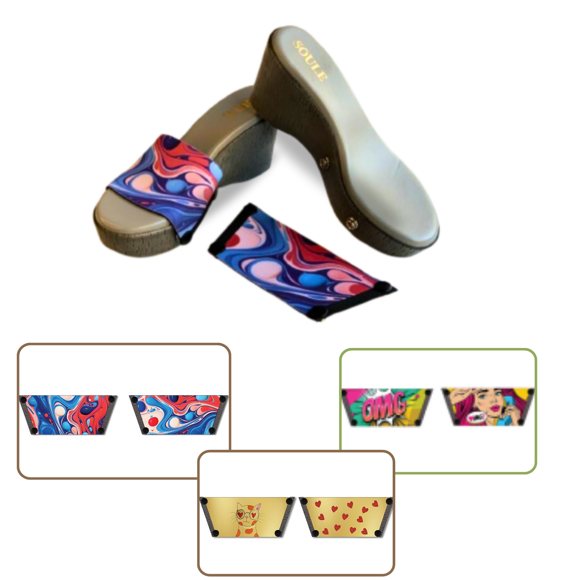 Purr-fectly Adorable + OMG Chic + Playful Fluid Art 1 sole 3 straps interchangeable sandals combo, UK 3-8 — Soule