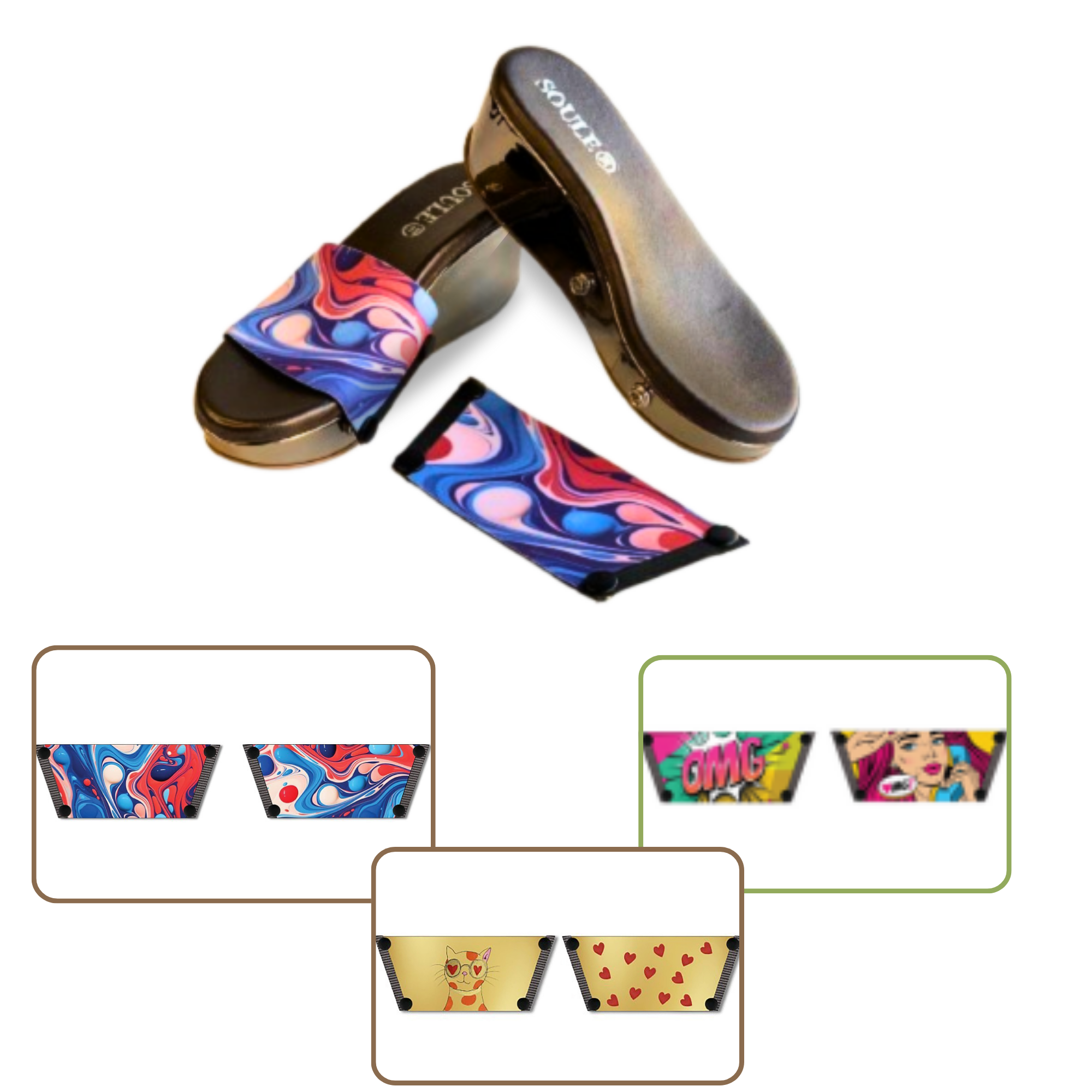 Purr-fectly Adorable + OMG Chic + Playful Fluid Art 1 sole 3 straps interchangeable sandals combo, UK 3-8 — Soule