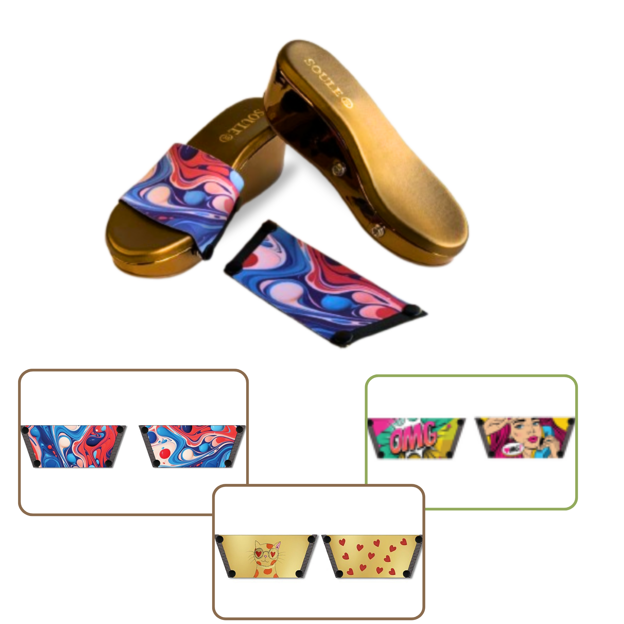 Purr-fectly Adorable + OMG Chic + Playful Fluid Art 1 sole 3 straps interchangeable sandals combo, UK 3-8 — Soule