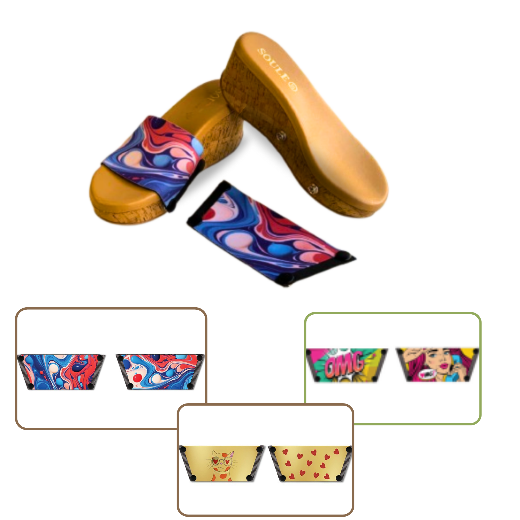 Purr-fectly Adorable + OMG Chic + Playful Fluid Art 1 sole 3 straps interchangeable sandals combo, UK 3-8 — Soule