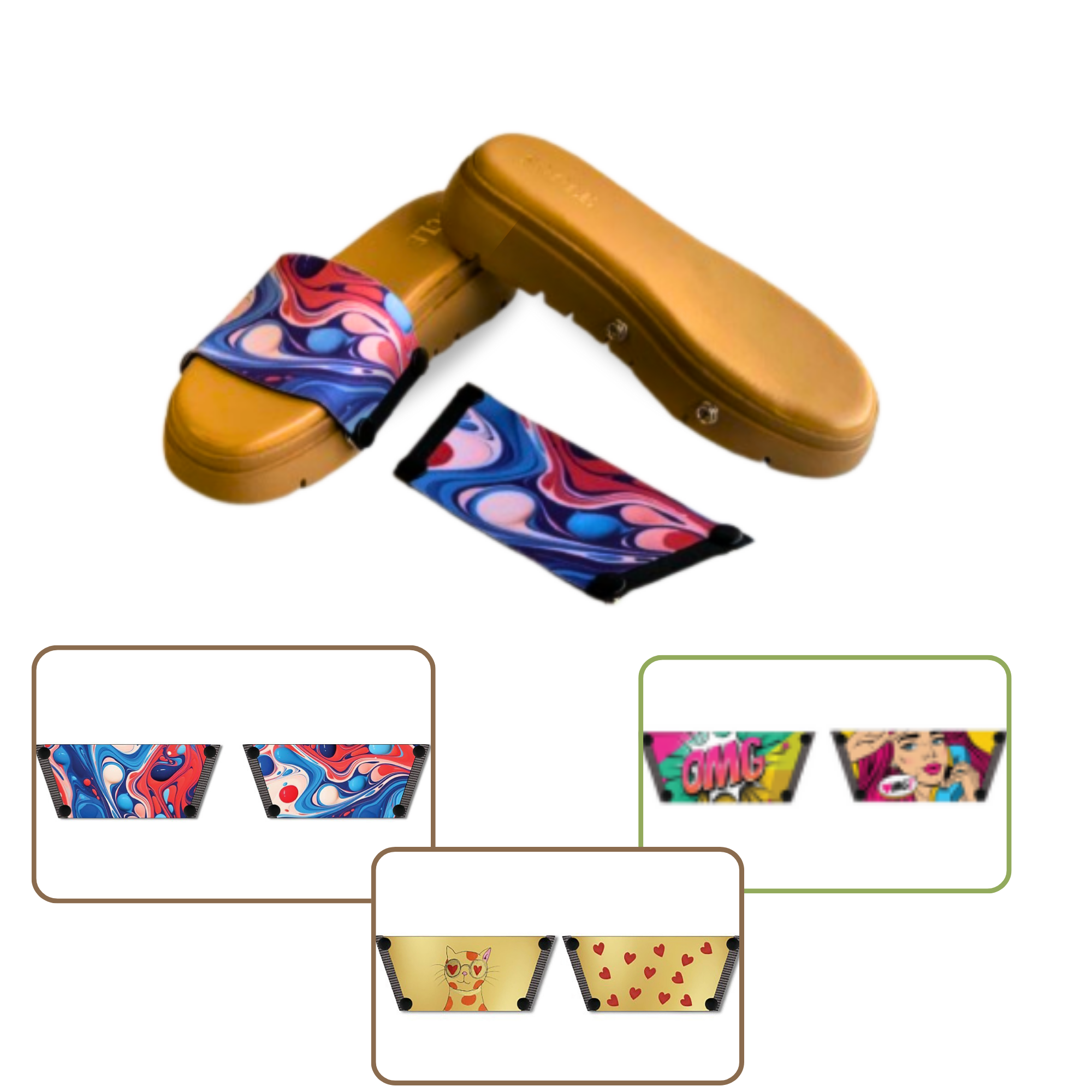 Purr-fectly Adorable + OMG Chic + Playful Fluid Art 1 sole 3 straps interchangeable sandals combo, UK 3-8 — Soule