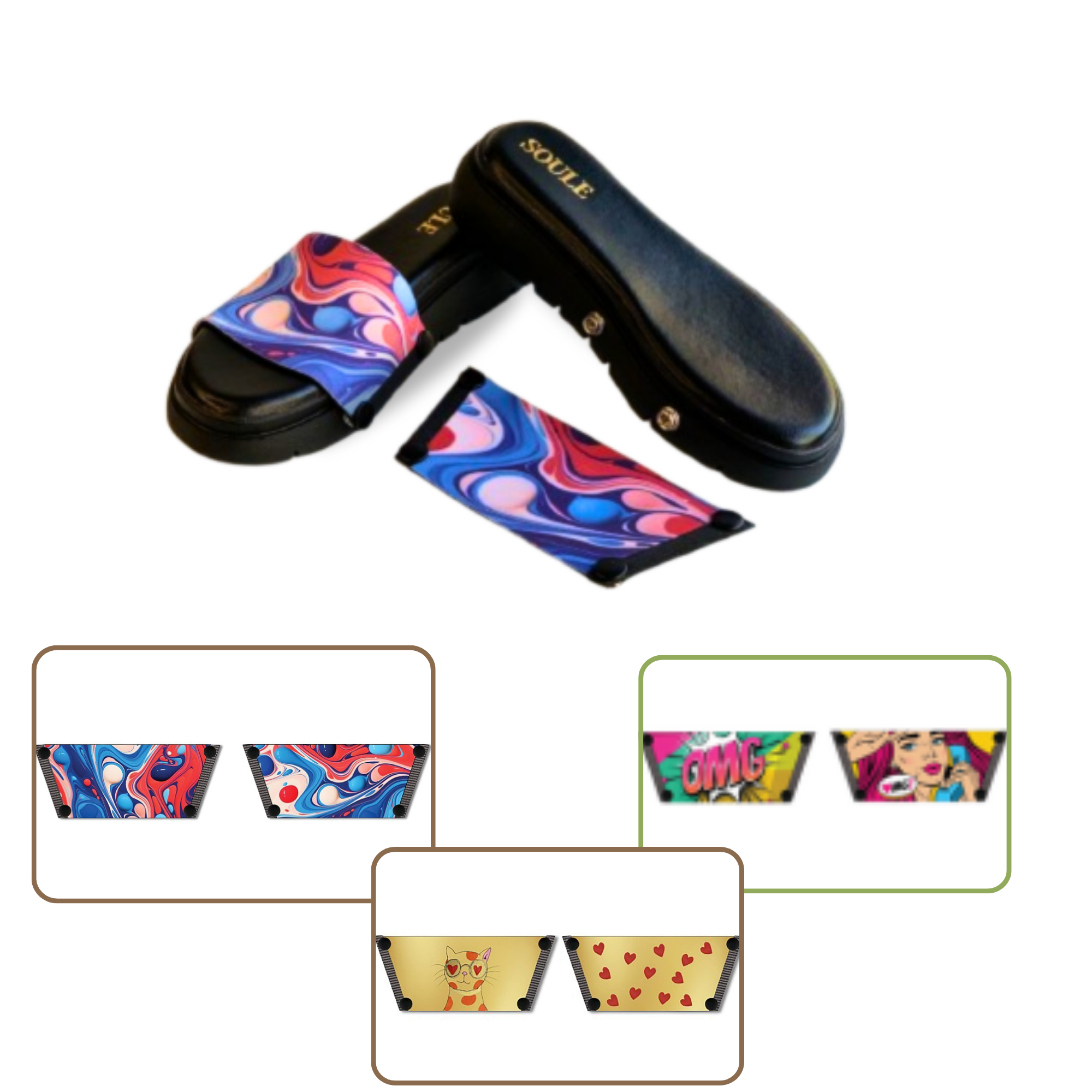 Purr-fectly Adorable + OMG Chic + Playful Fluid Art 1 sole 3 straps interchangeable sandals combo, UK 3-8 — Soule