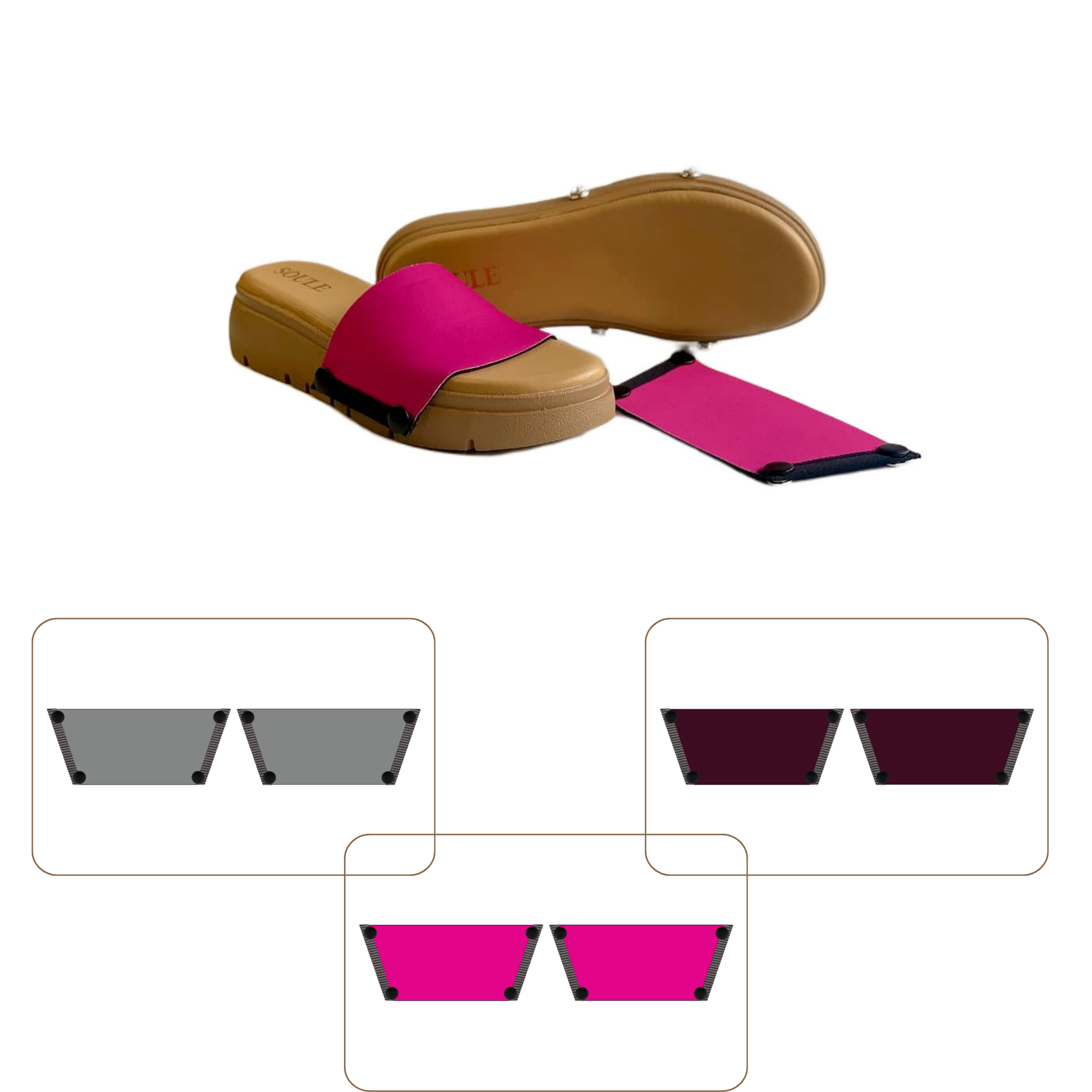 Soule cork wedge sandal combo — Shocking Pink, Slate and Mocha straps with Twinkle Toes Beige sole