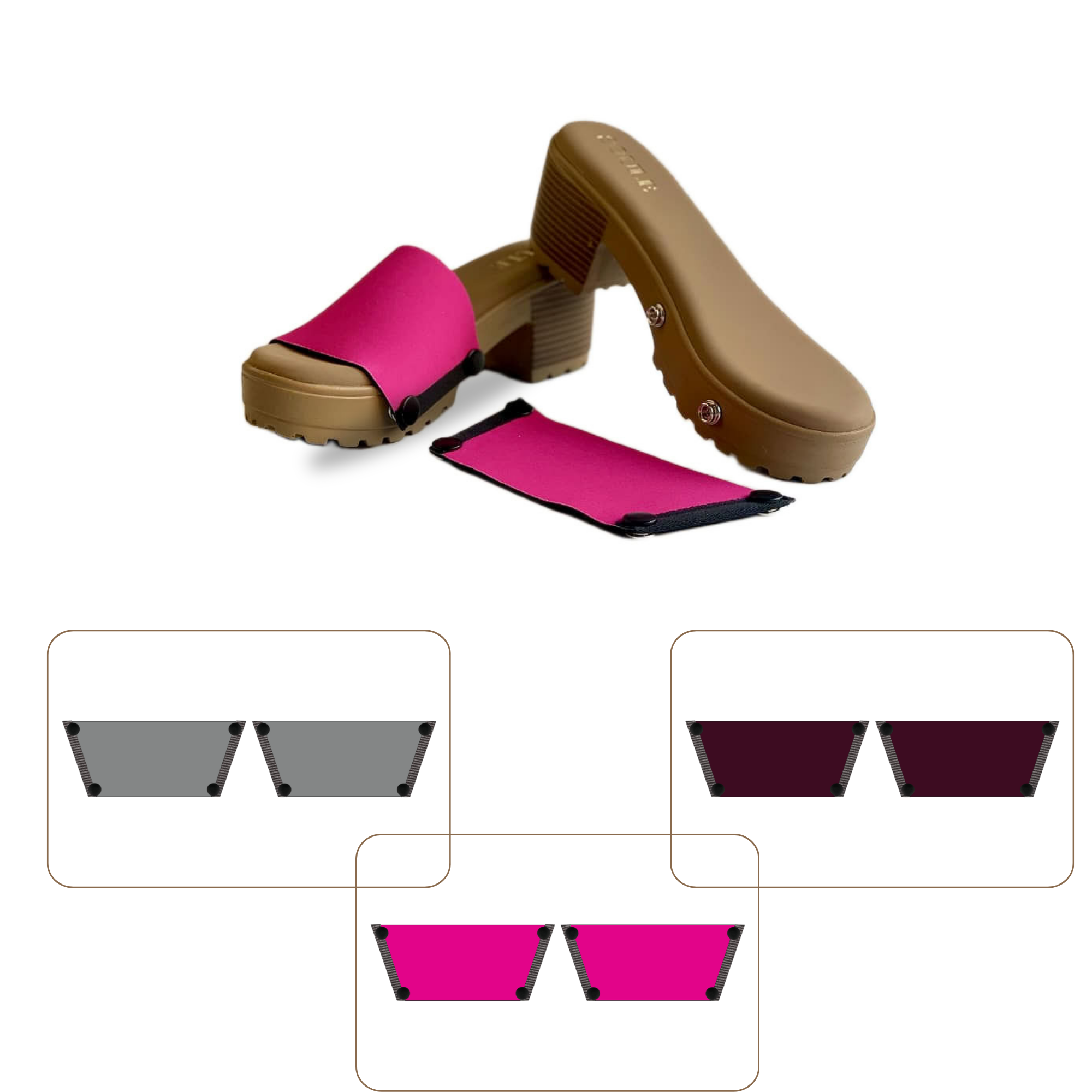 Soule cork wedge sandal combo — Shocking Pink, Slate and Mocha straps with Beige Bliss sole