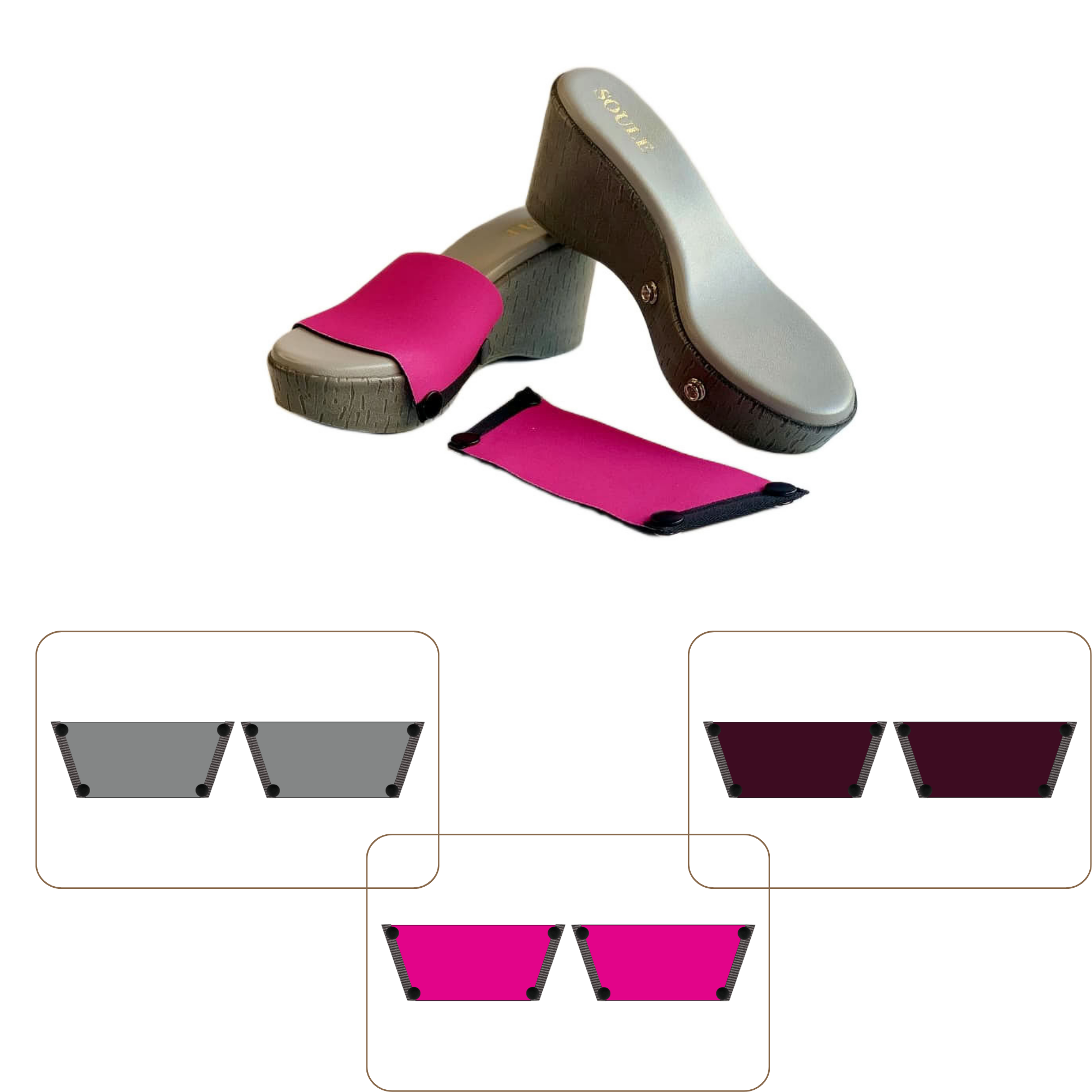 Soule cork wedge sandal combo — Shocking Pink, Slate and Mocha straps with Grey Brush sole