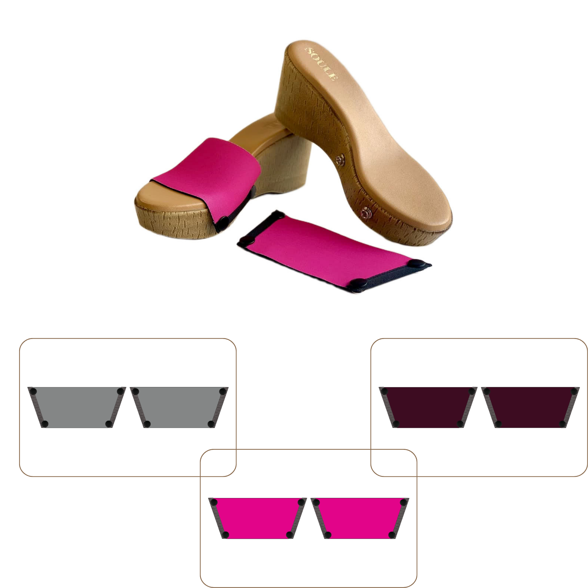 Soule cork wedge sandal combo — Shocking Pink, Slate and Mocha straps with Beige Brush sole