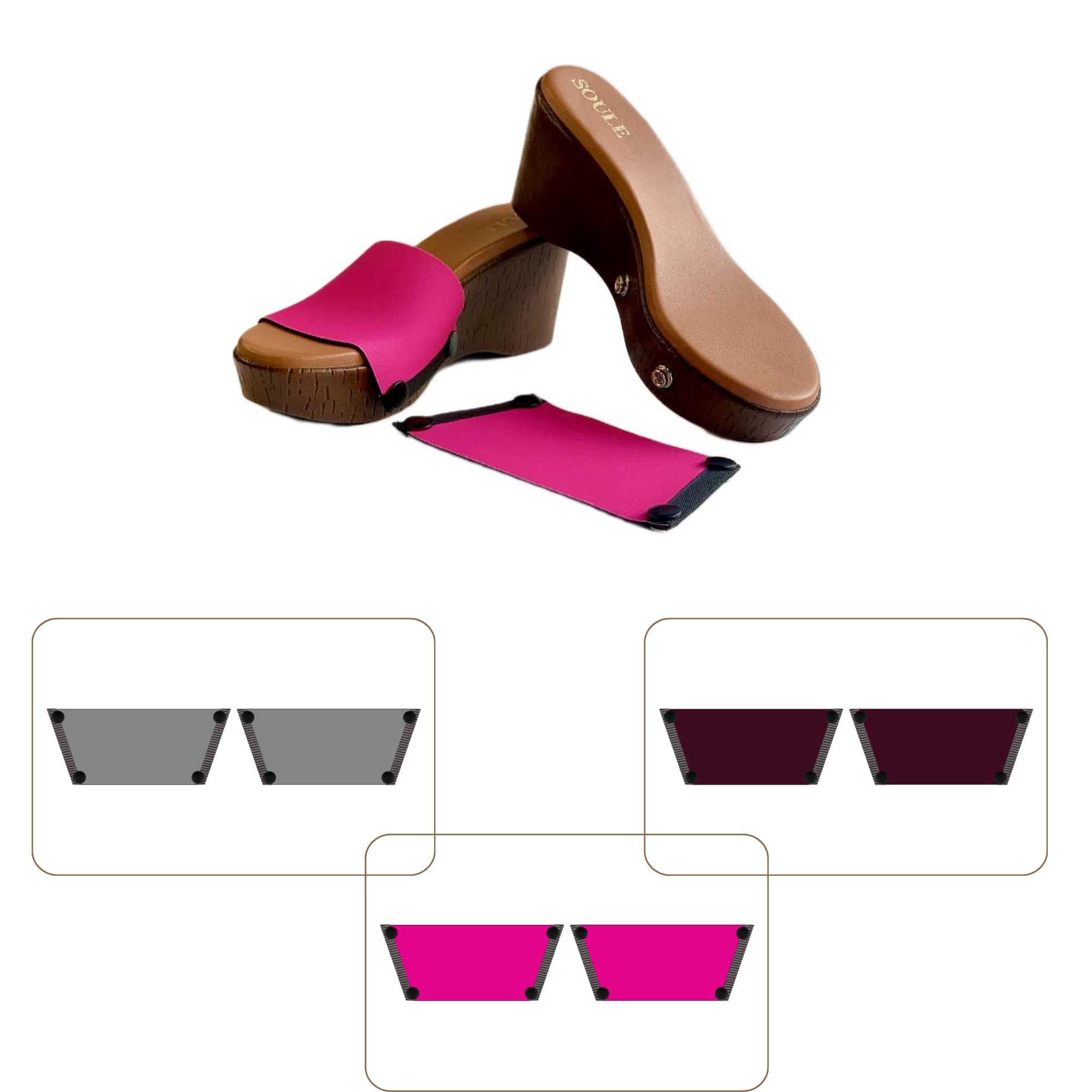 Soule cork wedge sandal combo — Shocking Pink, Slate and Mocha straps with Brown Brush sole