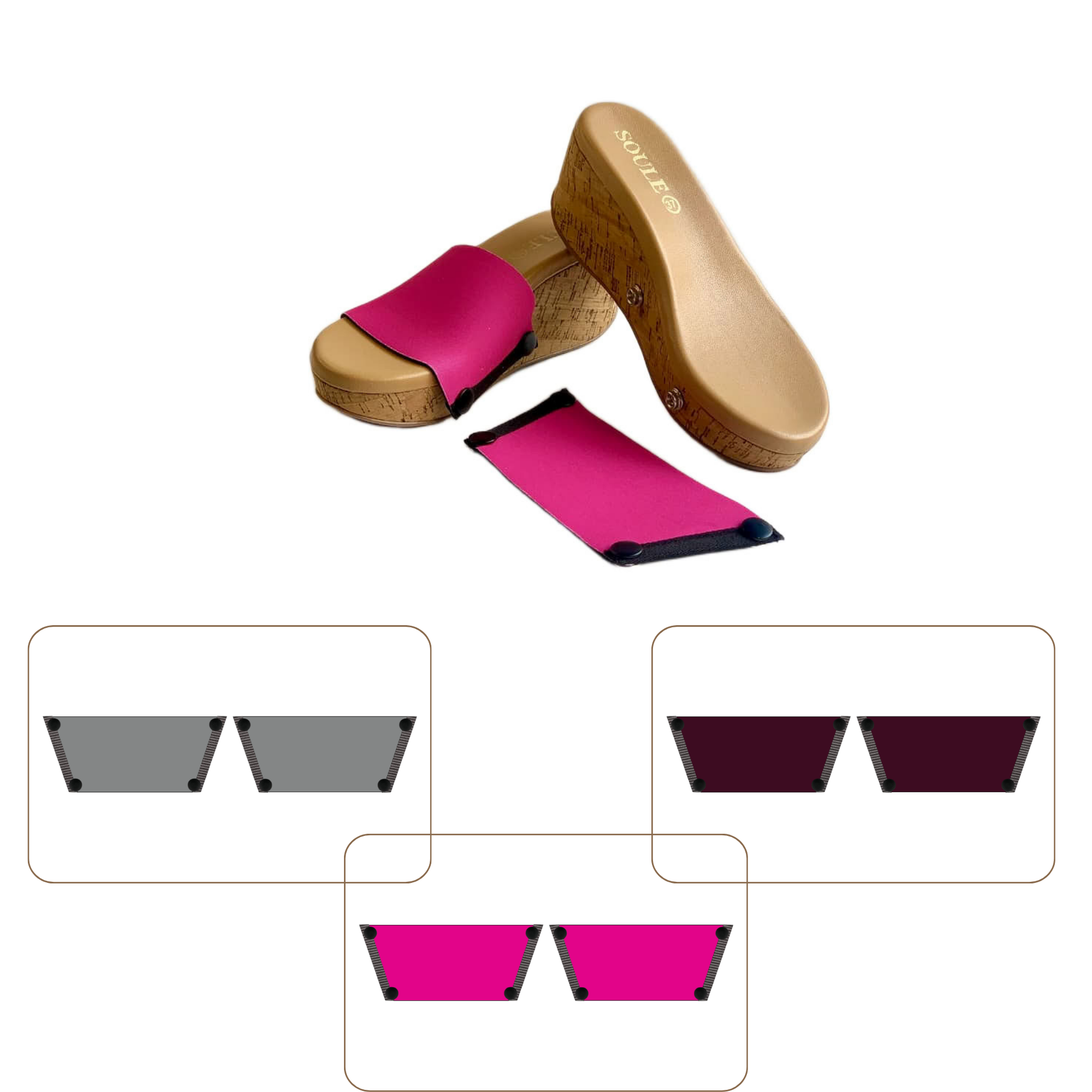 Soule cork wedge sandal combo — Shocking Pink, Slate and Mocha straps with Sand Dune sole