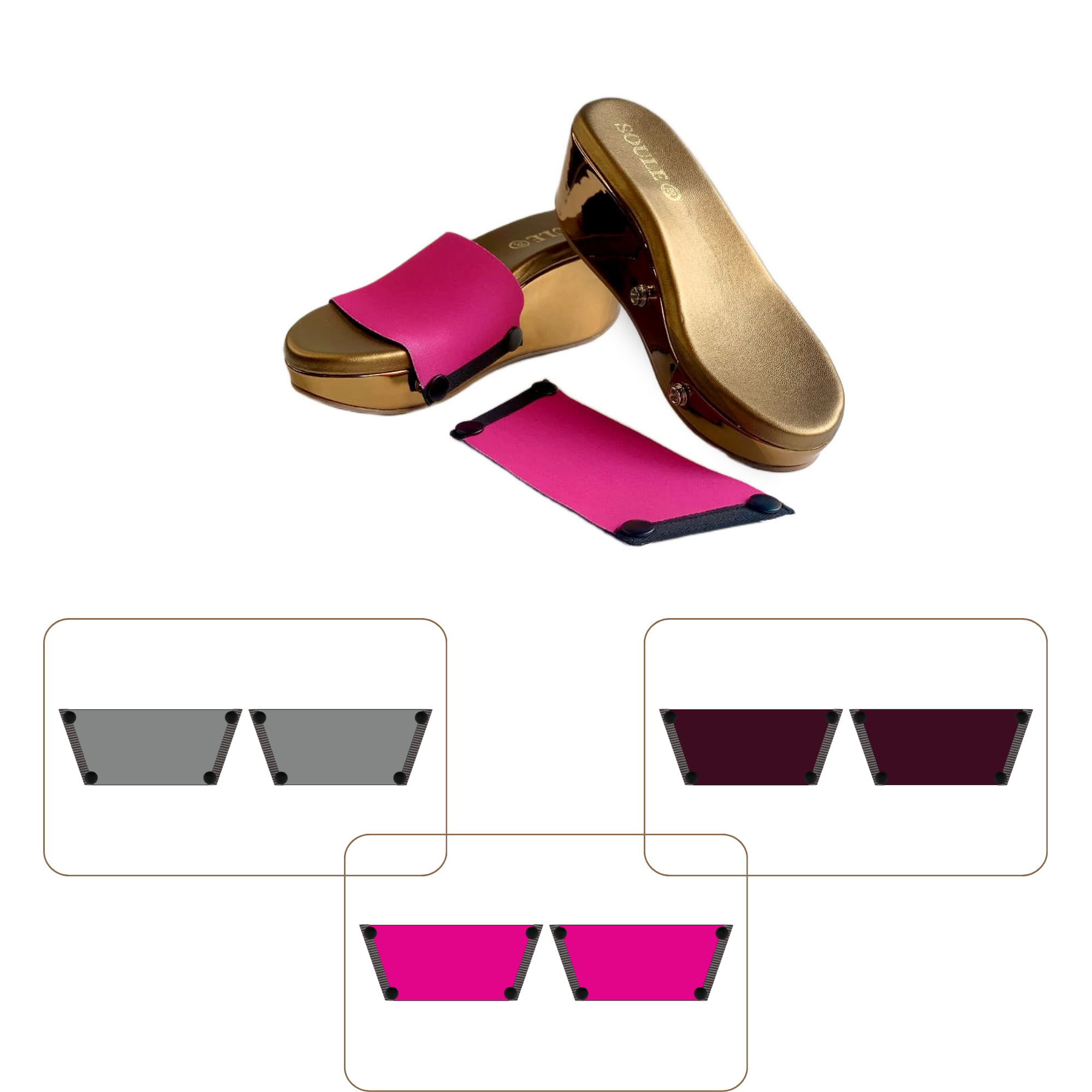 Soule cork wedge sandal combo — Shocking Pink, Slate and Mocha straps with Gun Metal sole