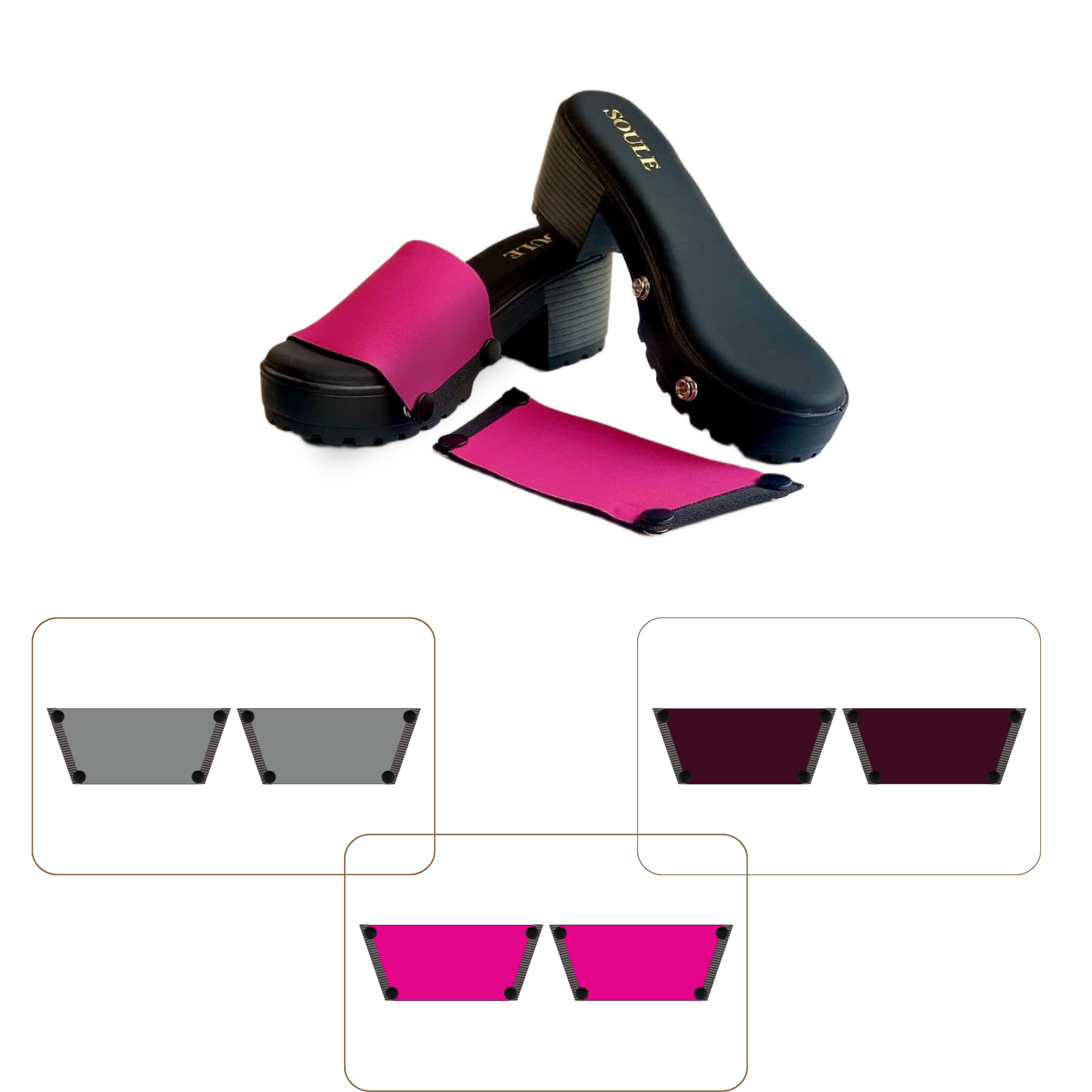 Soule cork wedge sandal combo — Shocking Pink, Slate and Mocha straps with Black Bliss sole