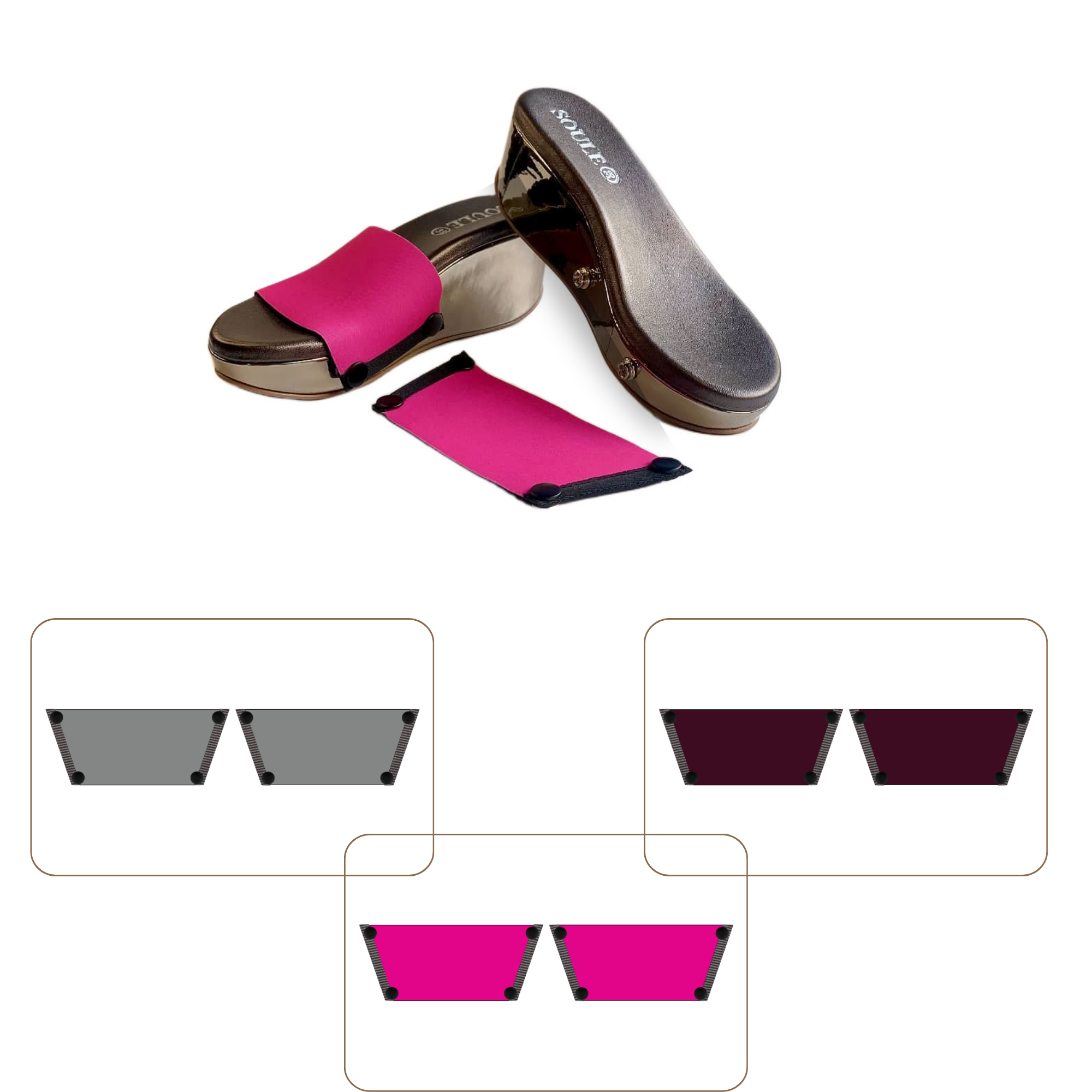 Soule cork wedge sandal combo — Shocking Pink, Slate and Mocha straps with Gun Metal sole