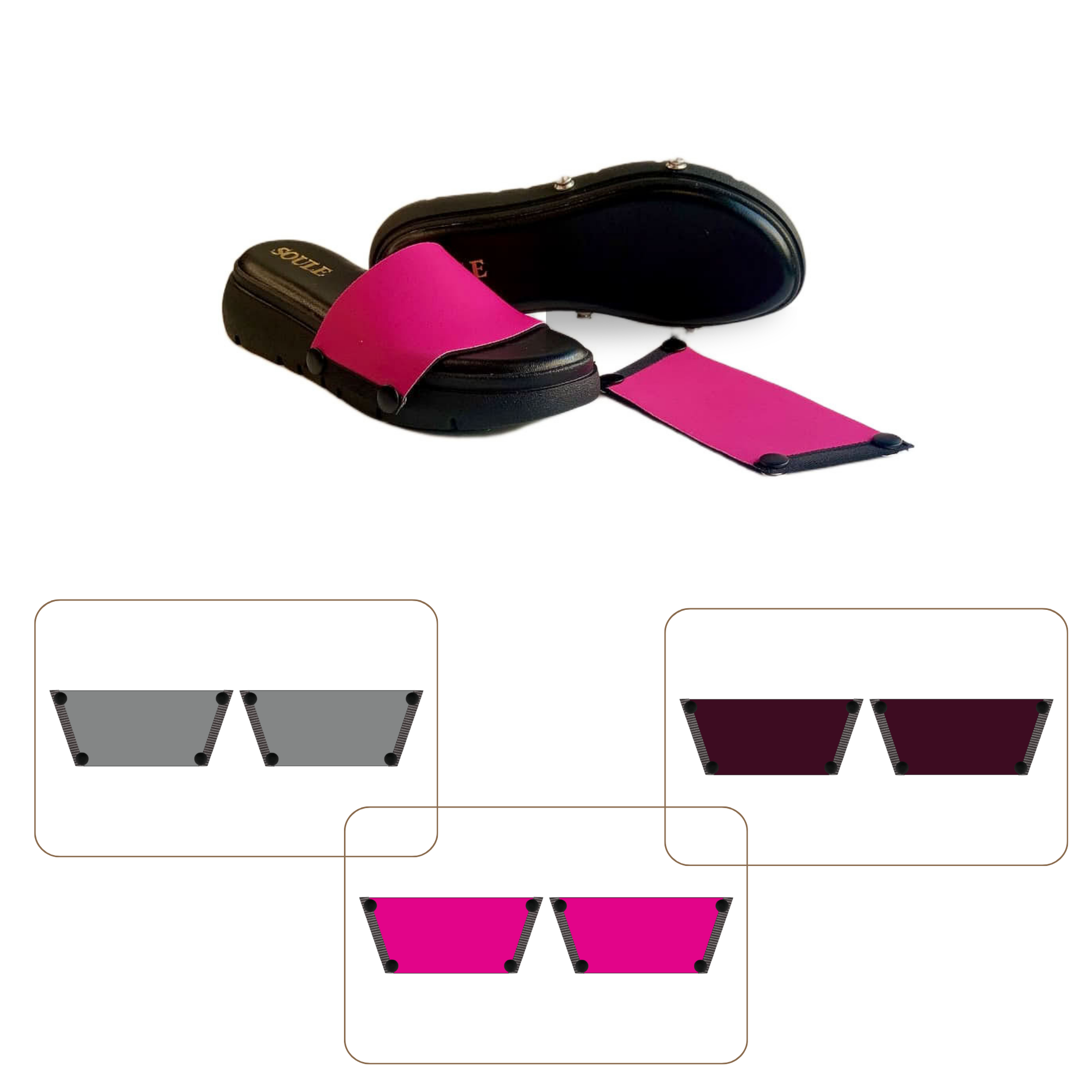 Soule cork wedge sandal combo — Shocking Pink, Slate and Mocha straps with Twinkle Toes Black sole