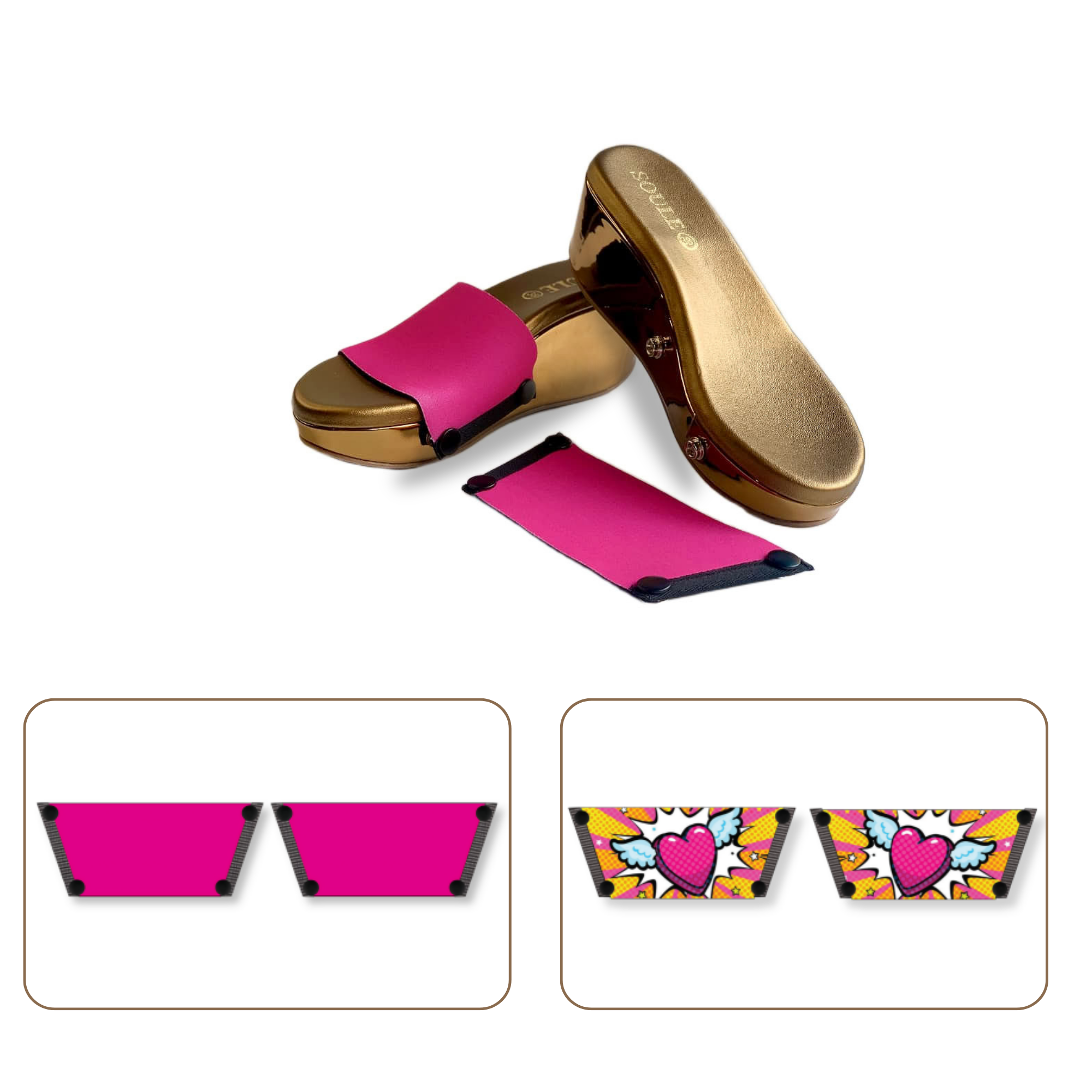 Soule wedge sandal combo — Heart Wings and Shocking Pink straps with Metallic Muse sole