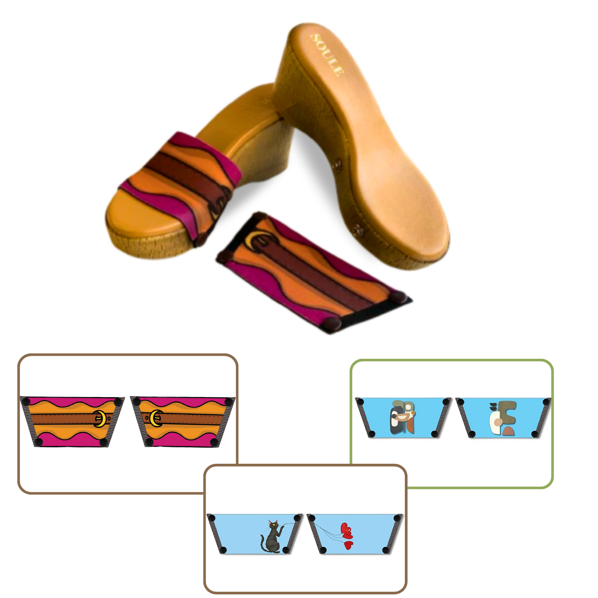 Retro Saddle + Purr-fect Cat + Modern Muse 1 sole 3 straps interchangeable sandals combo, UK 3-8 — Soule