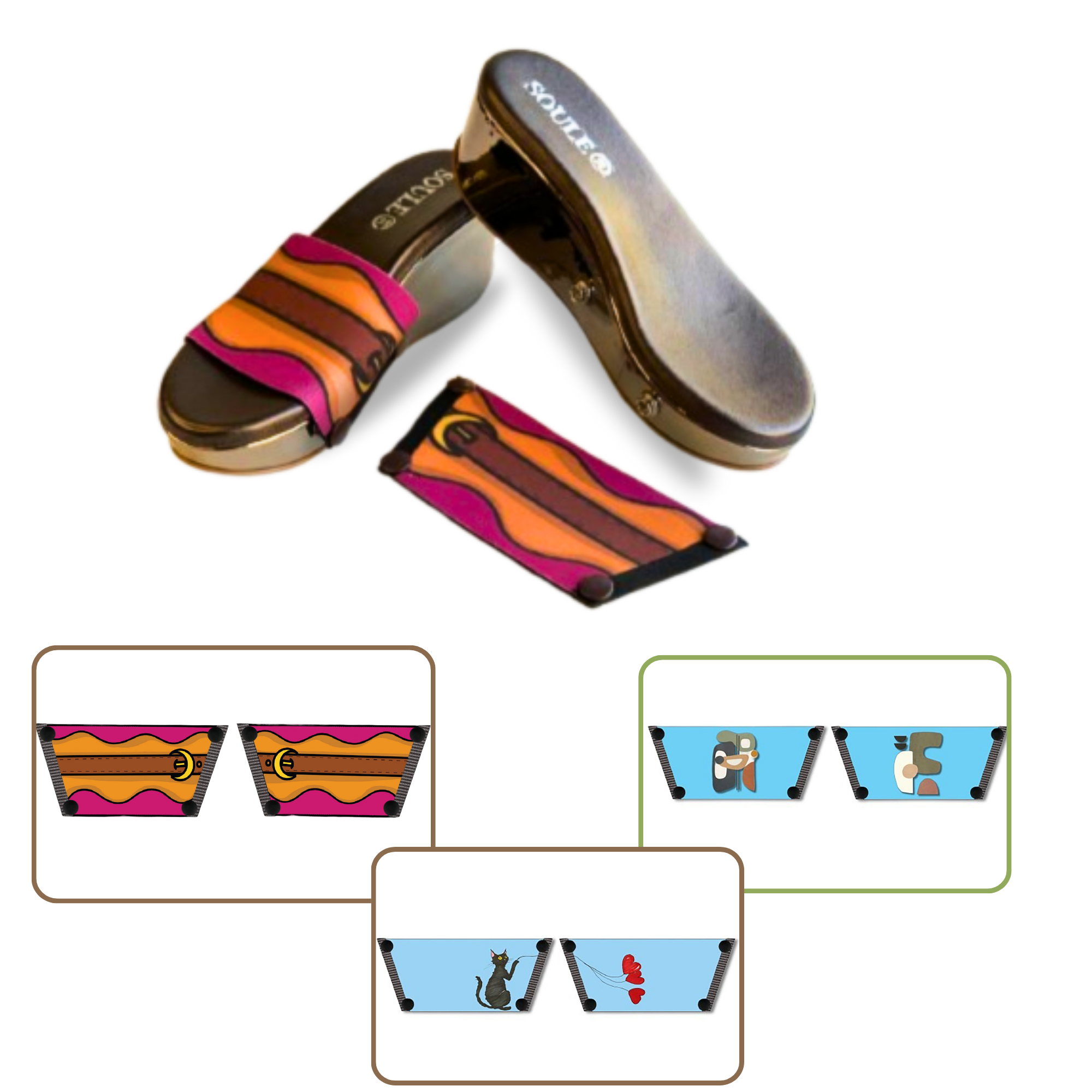 Retro Saddle + Purr-fect Cat + Modern Muse 1 sole 3 straps interchangeable sandals combo, UK 3-8 — Soule