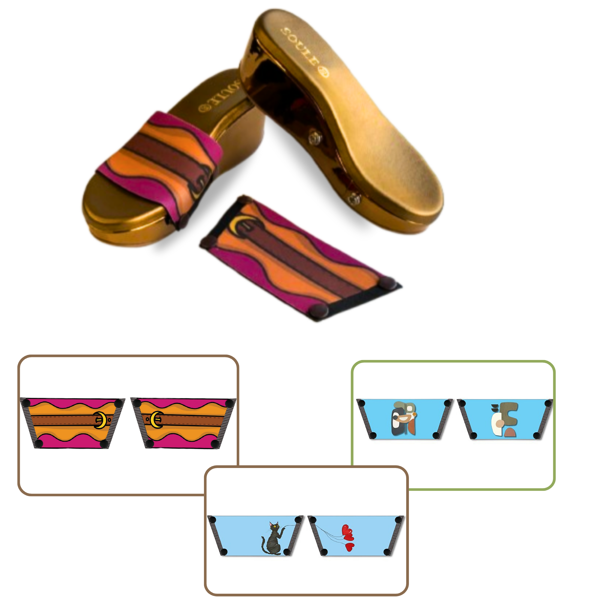 Retro Saddle + Purr-fect Cat + Modern Muse 1 sole 3 straps interchangeable sandals combo, UK 3-8 — Soule