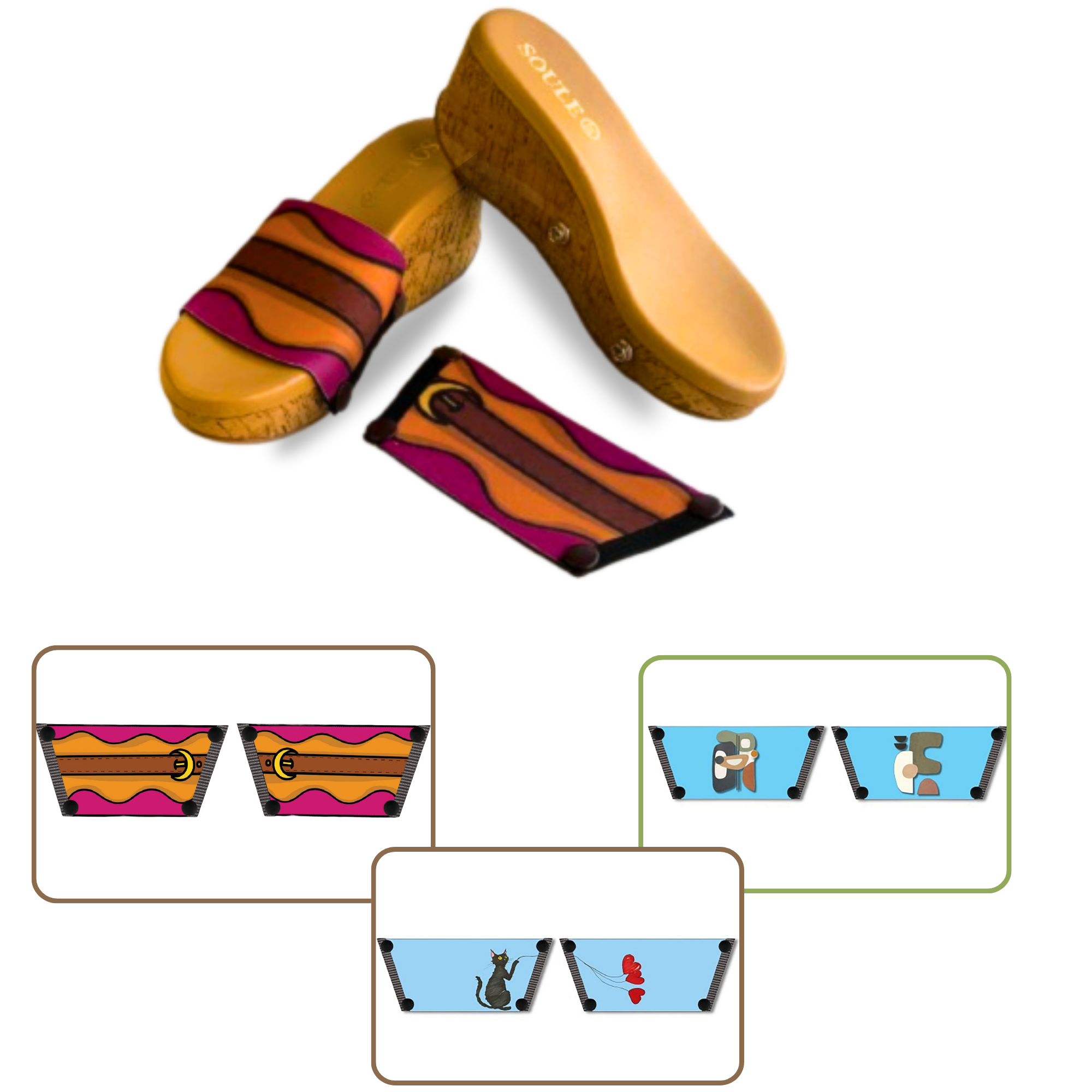 Retro Saddle + Purr-fect Cat + Modern Muse 1 sole 3 straps interchangeable sandals combo, UK 3-8 — Soule