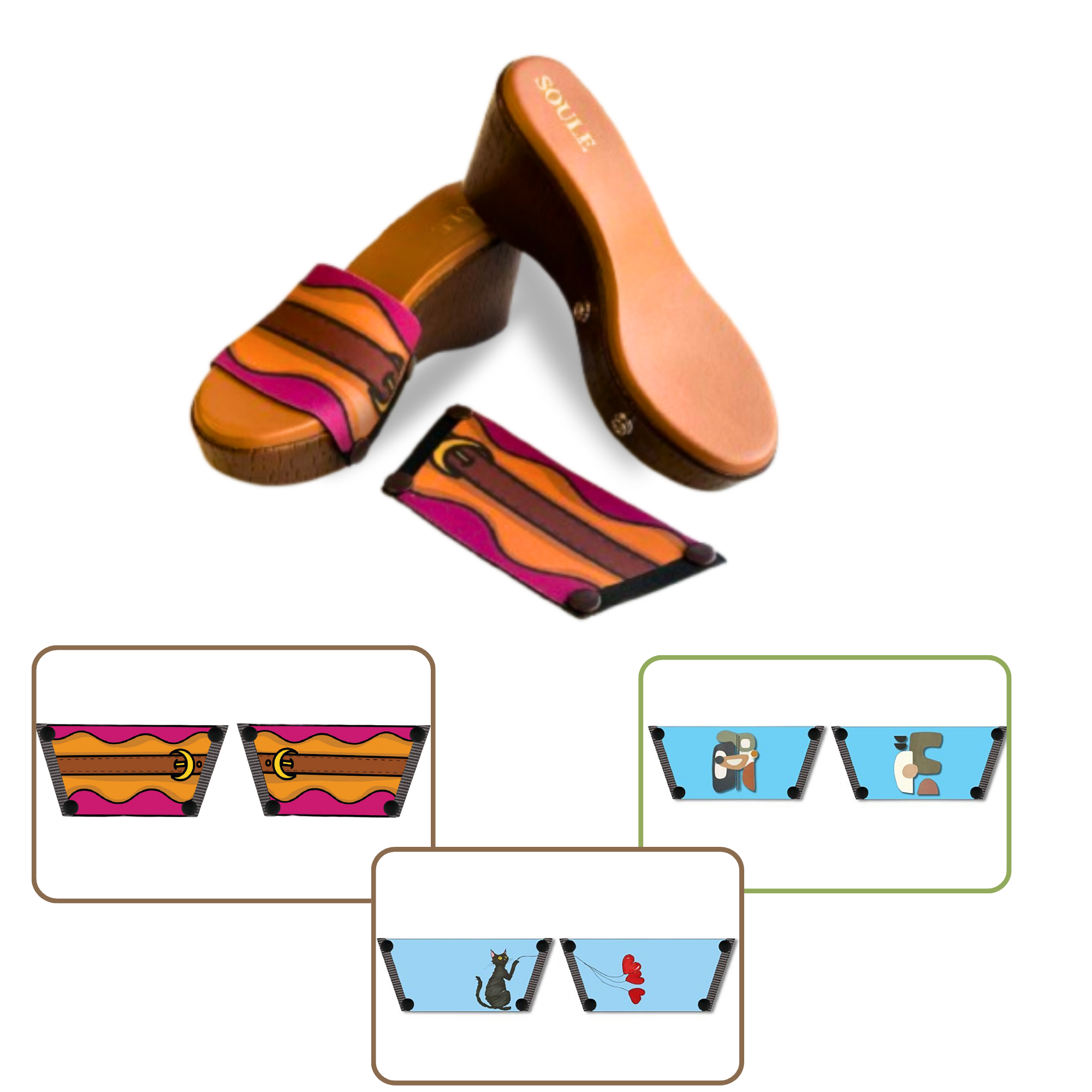 Retro Saddle + Purr-fect Cat + Modern Muse 1 sole 3 straps interchangeable sandals combo, UK 3-8 — Soule