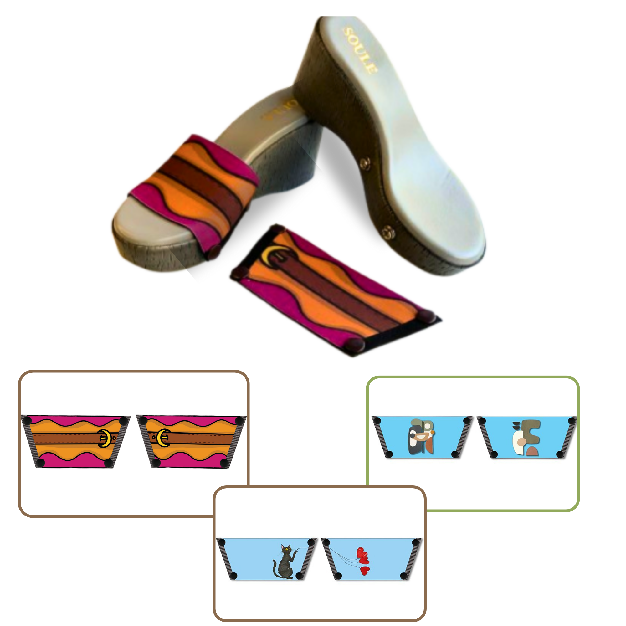 Retro Saddle + Purr-fect Cat + Modern Muse 1 sole 3 straps interchangeable sandals combo, UK 3-8 — Soule