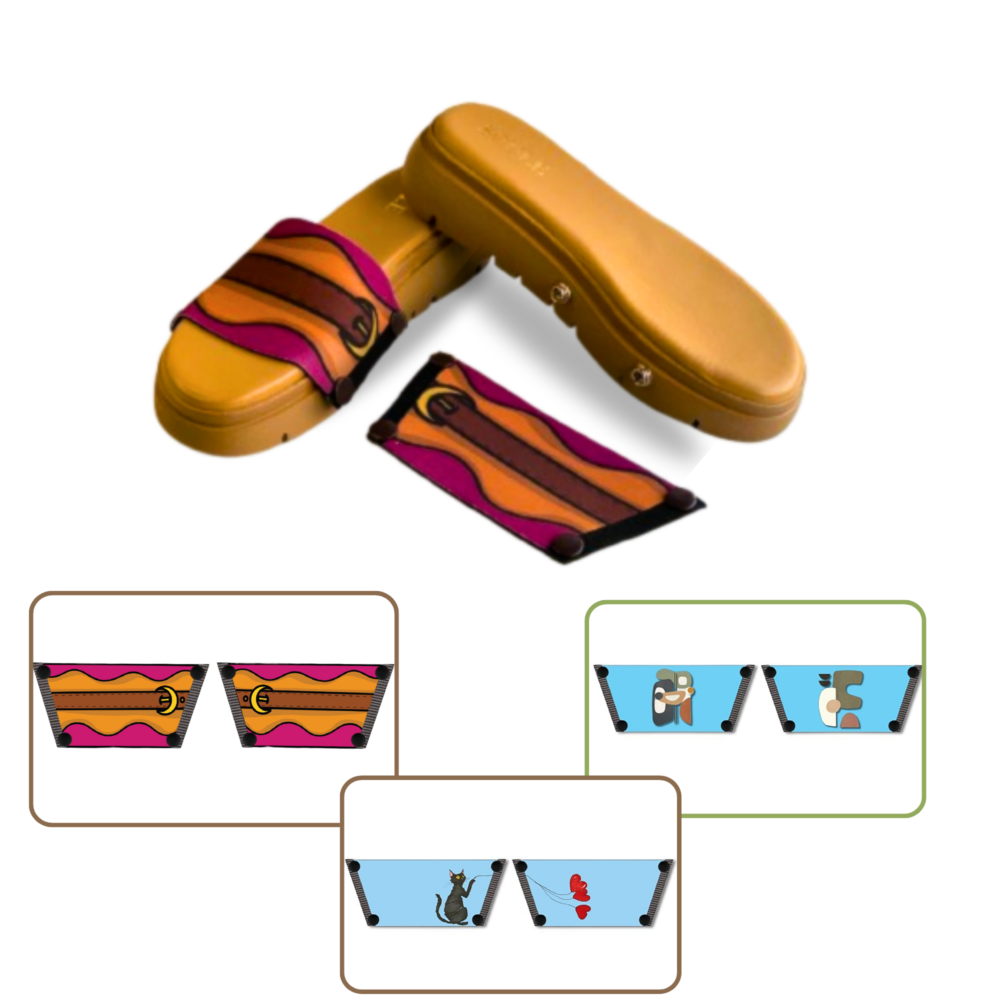 Retro Saddle + Purr-fect Cat + Modern Muse 1 sole 3 straps interchangeable sandals combo, UK 3-8 — Soule