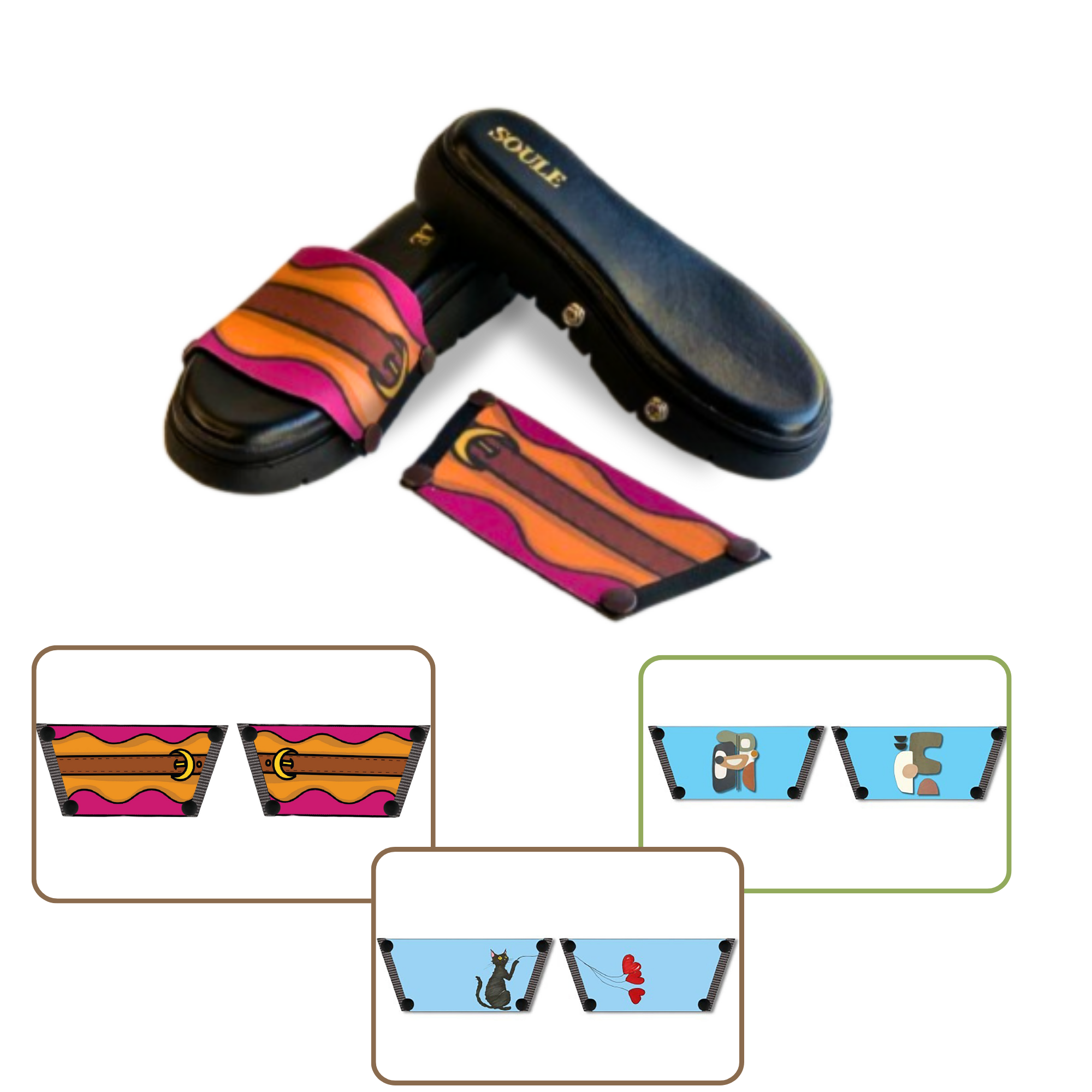 Retro Saddle + Purr-fect Cat + Modern Muse 1 sole 3 straps interchangeable sandals combo, UK 3-8 — Soule
