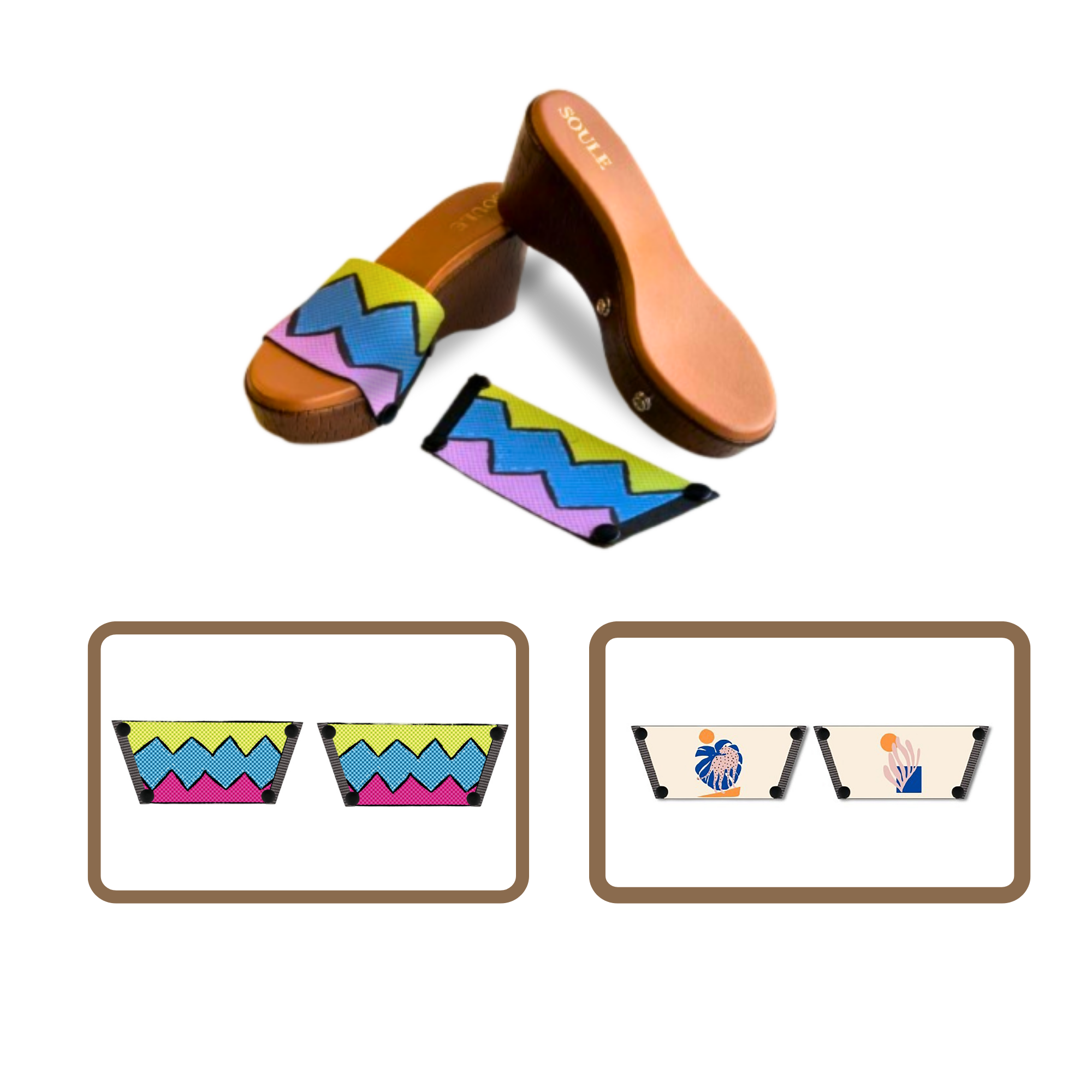 Retro Vibrance + Lush Leaf 1 sole 2 straps interchangeable sandals combo, UK 3-8 — Soule